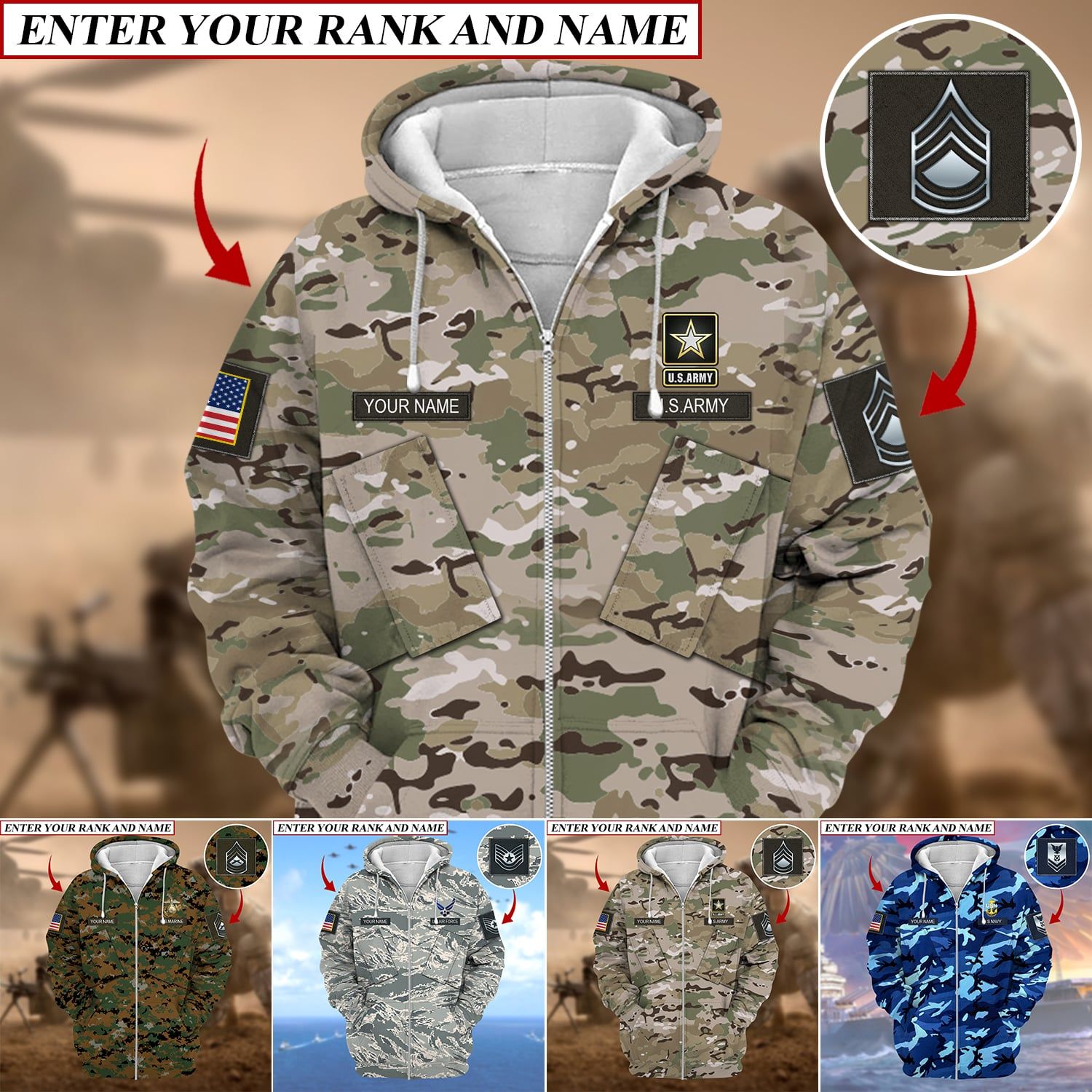 Personalized Premium Multiple US Military Services Veteran Zip Up Hoodie PVC221001
