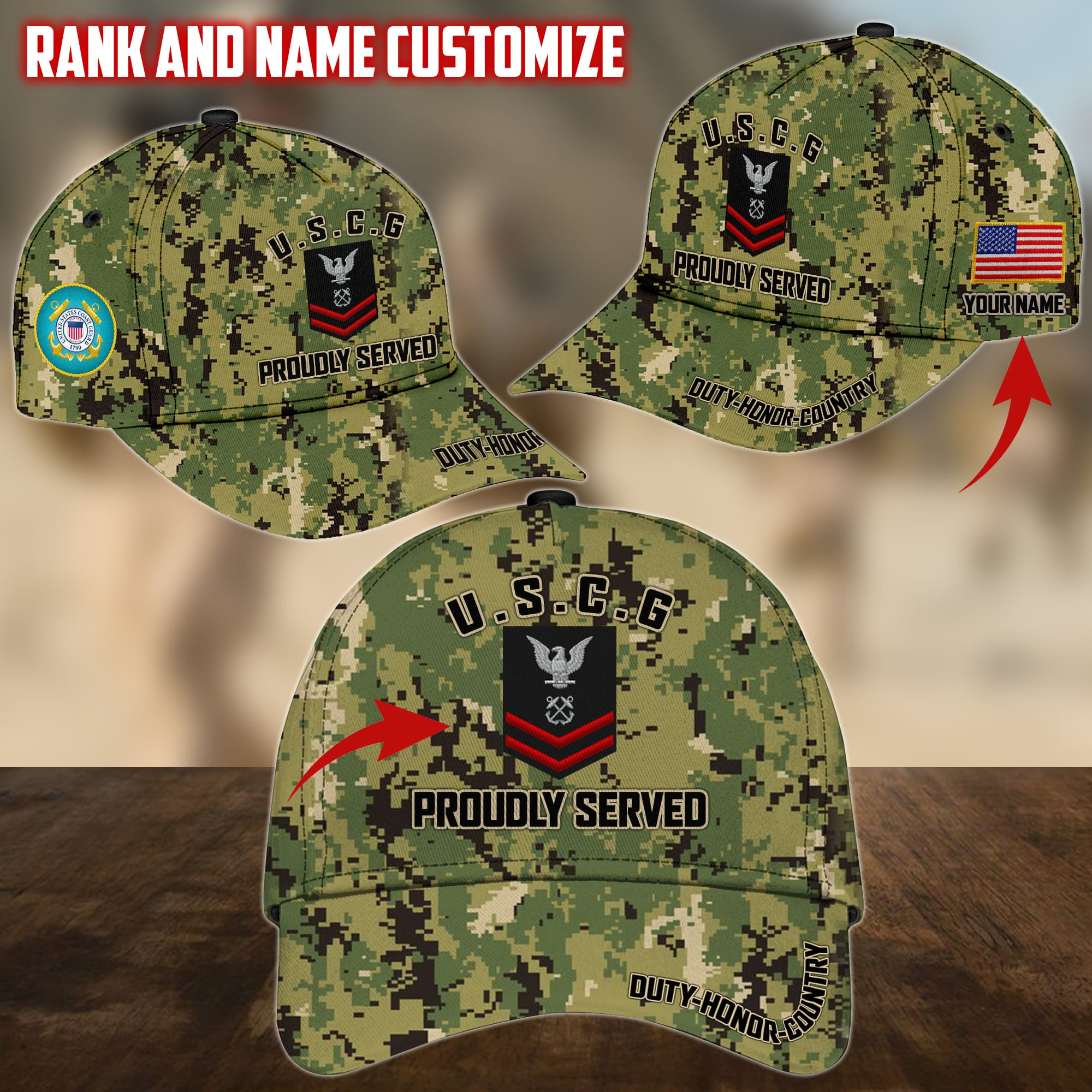 Personalized Name And Rank US Military Services Veteran Cap PVC191001