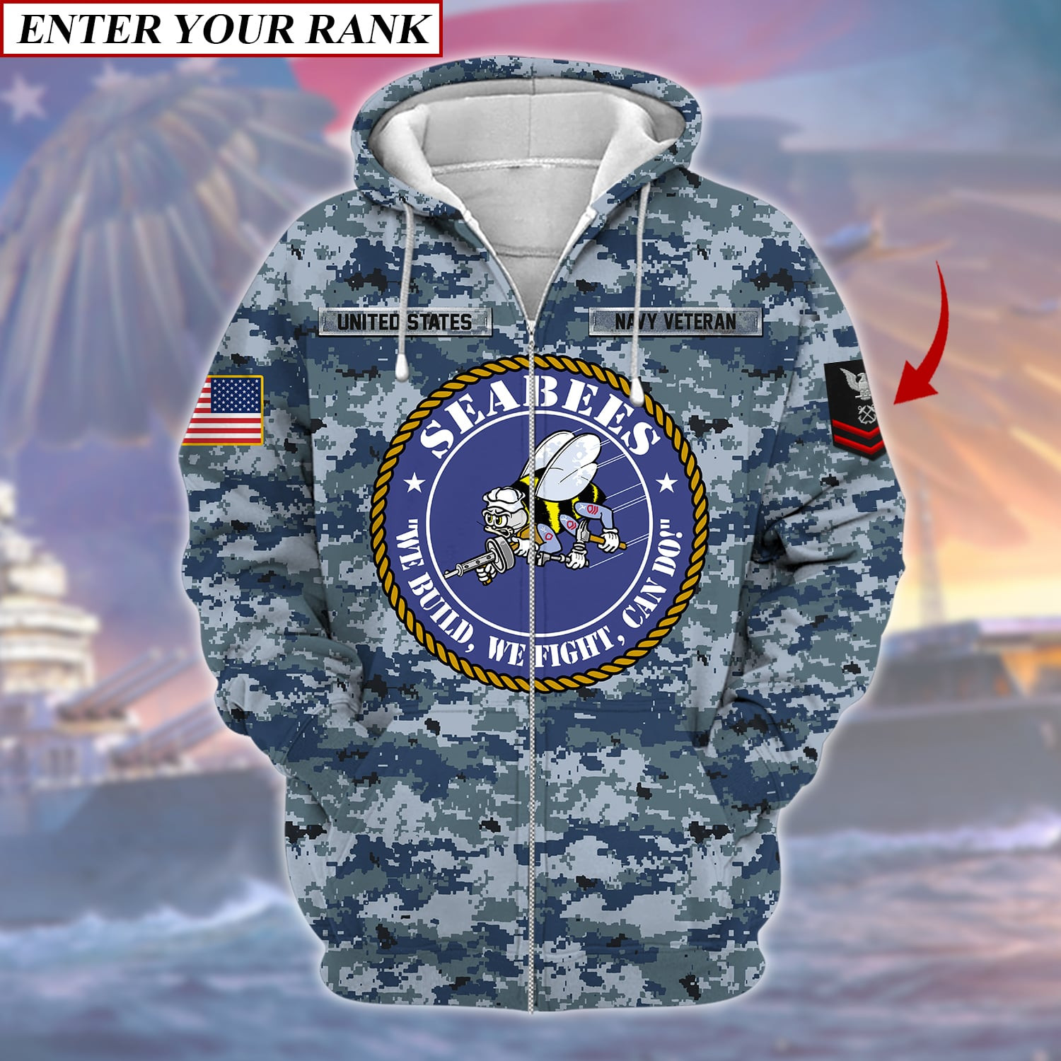 Unique U.S Navy SEABEES Veteran Zip Up Hoodie PVC011203
