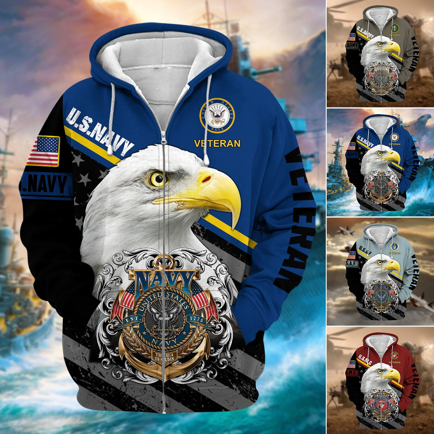 Premium Multiple US Military Services Veteran Zip Up Hoodie PVC291101