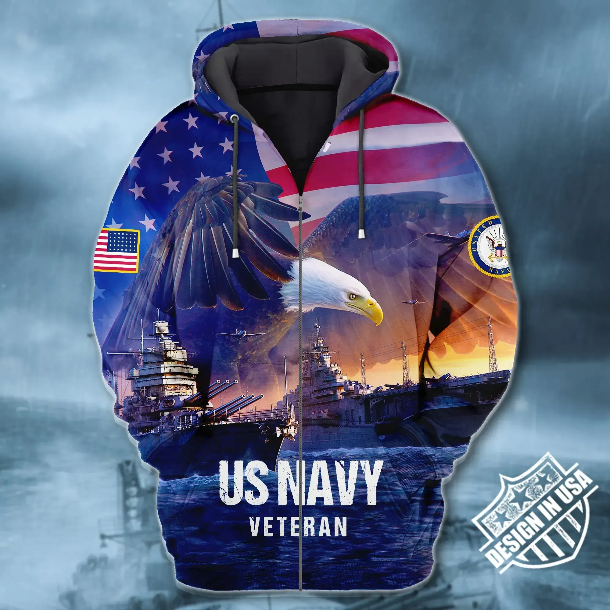 Premium Unique Navy Veteran Zip Up Hoodie Ultra Soft and Warm VDT10021TR
