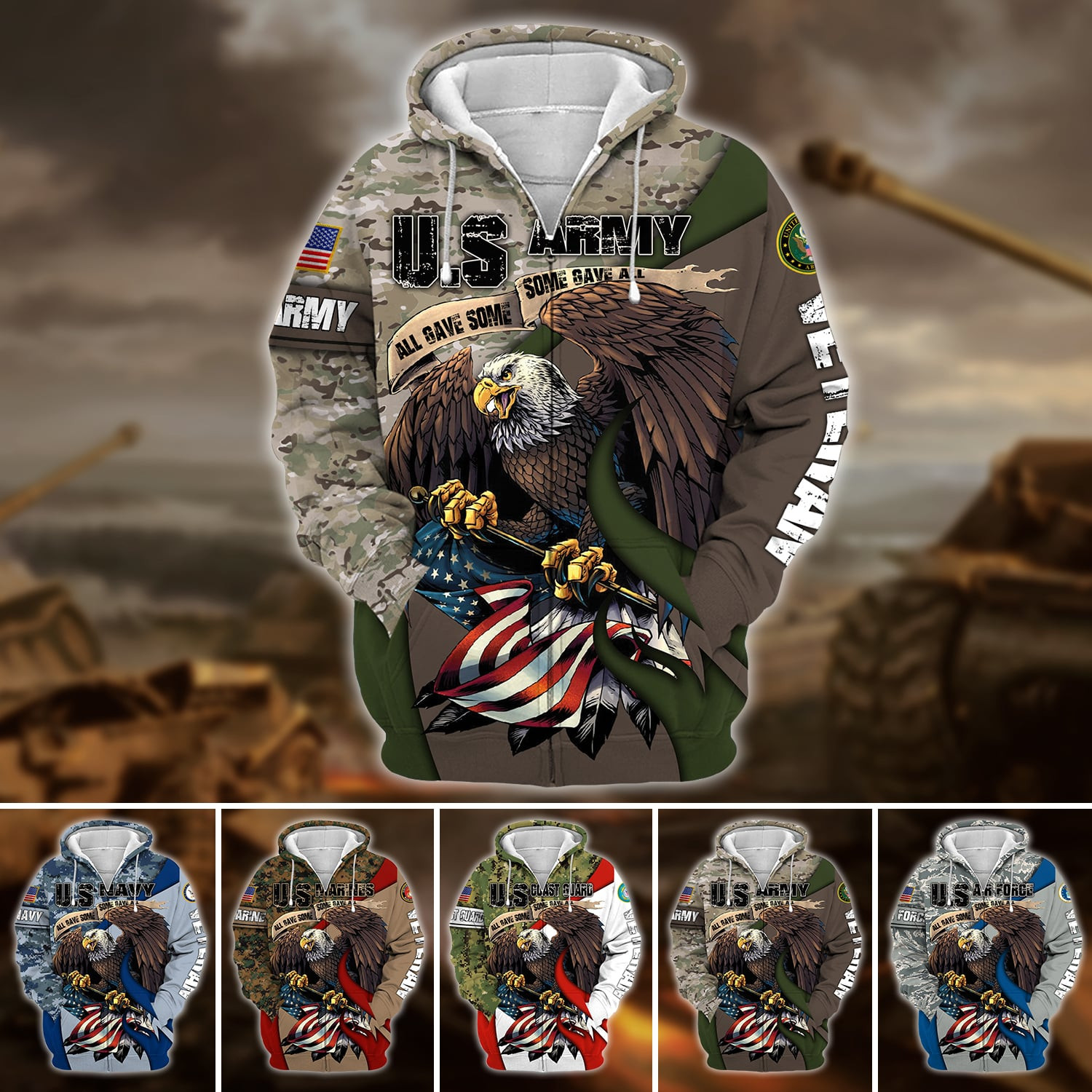 Premium U.S Multiple Service Veteran Zip Up Hoodie PVC140209