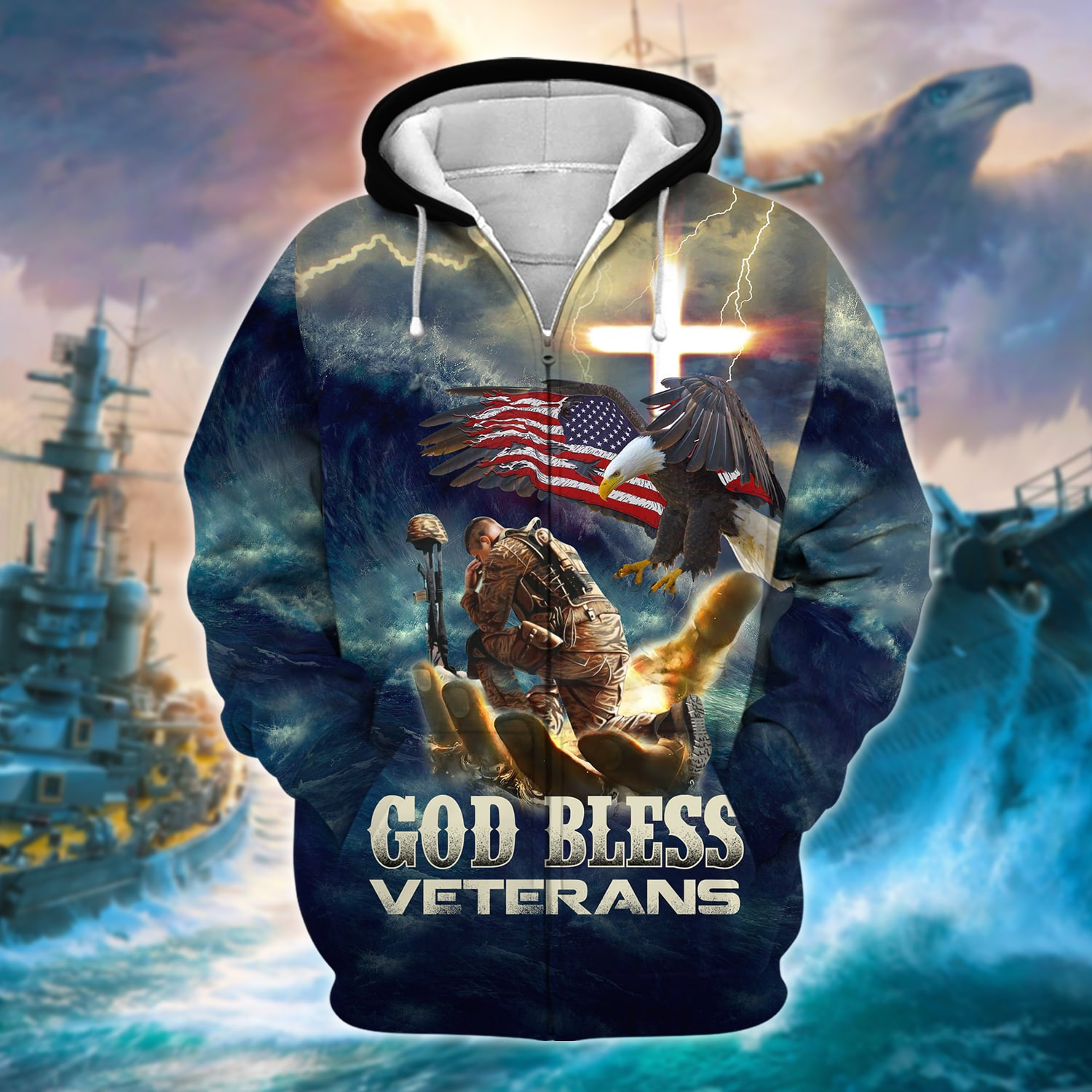 Premium God Bless Veterans Zip Up Hoodie PVC190203
