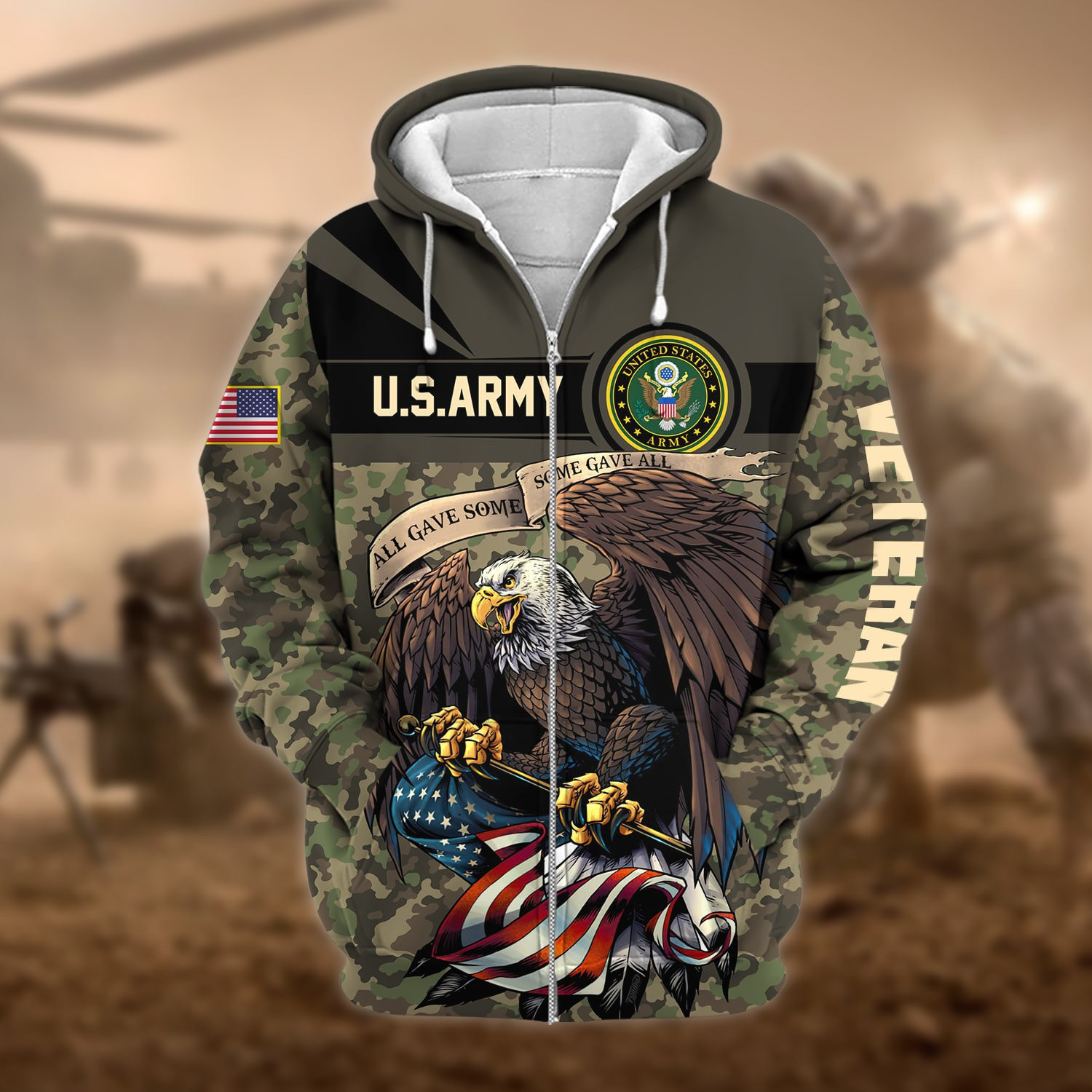 Premium Camo Soldiers Multiservice US Veteran Zip Up Hoodie NPVC160801