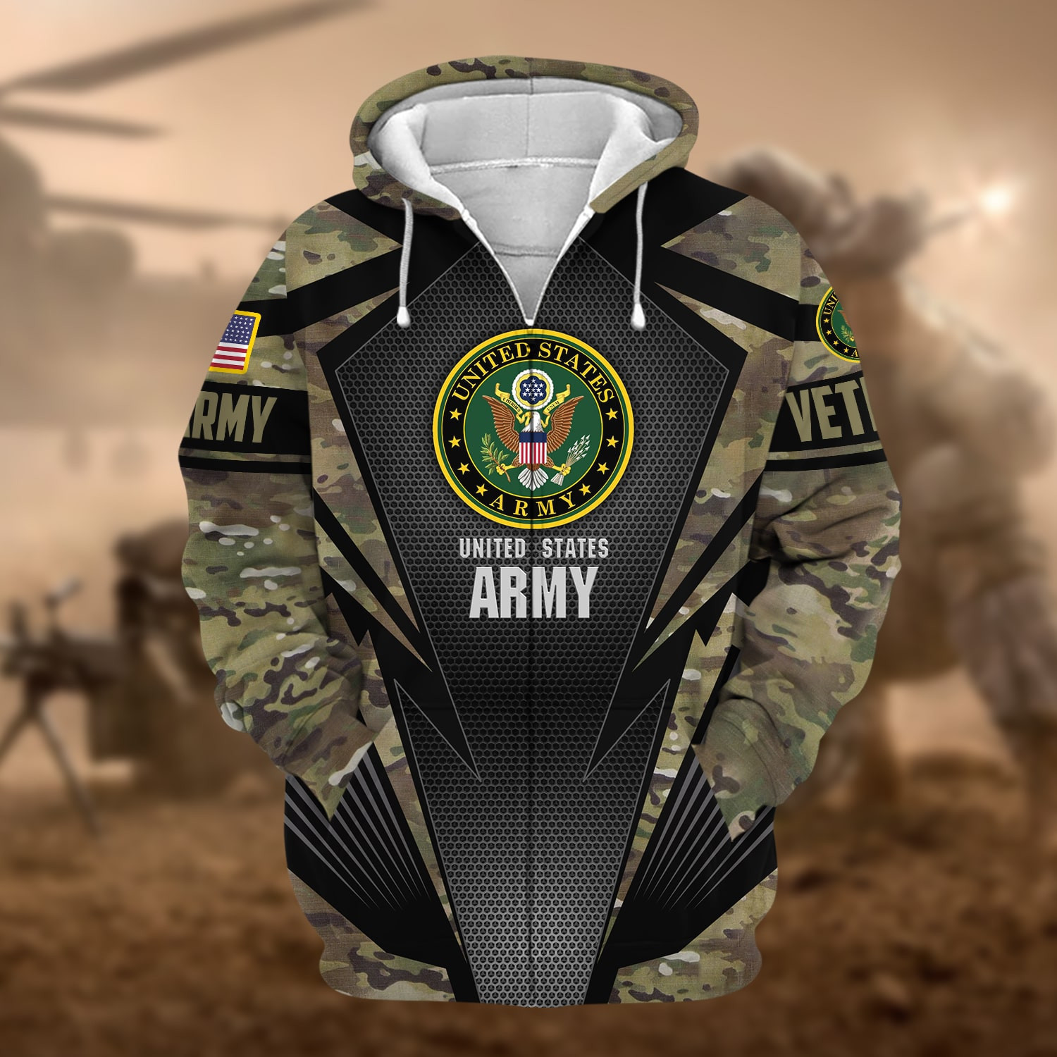 Unique Camo Soldiers Multiservice US Veteran Zip Up Hoodie NPVC130902