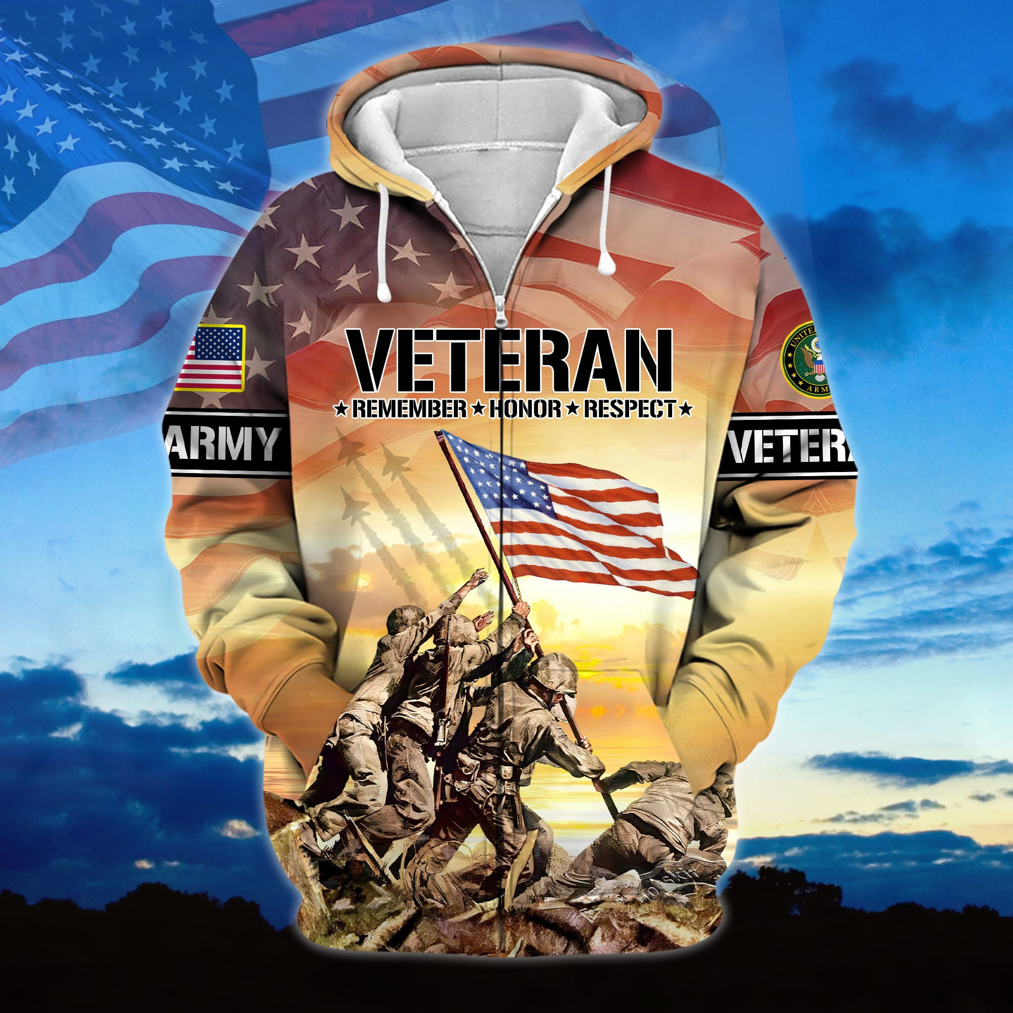 Premium US Veteran Remember – Honor – Respect Zip Up Hoodie APVC290903