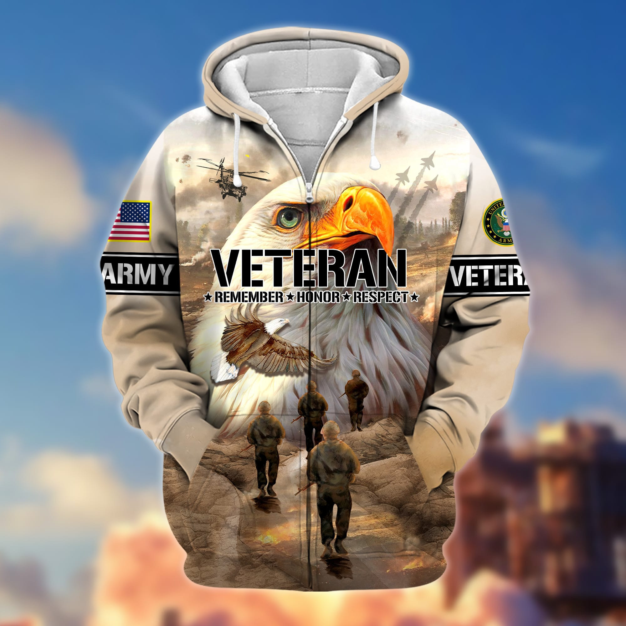 Premium US Veteran Remember – Honor – Respect Zip Up Hoodie APVC031001