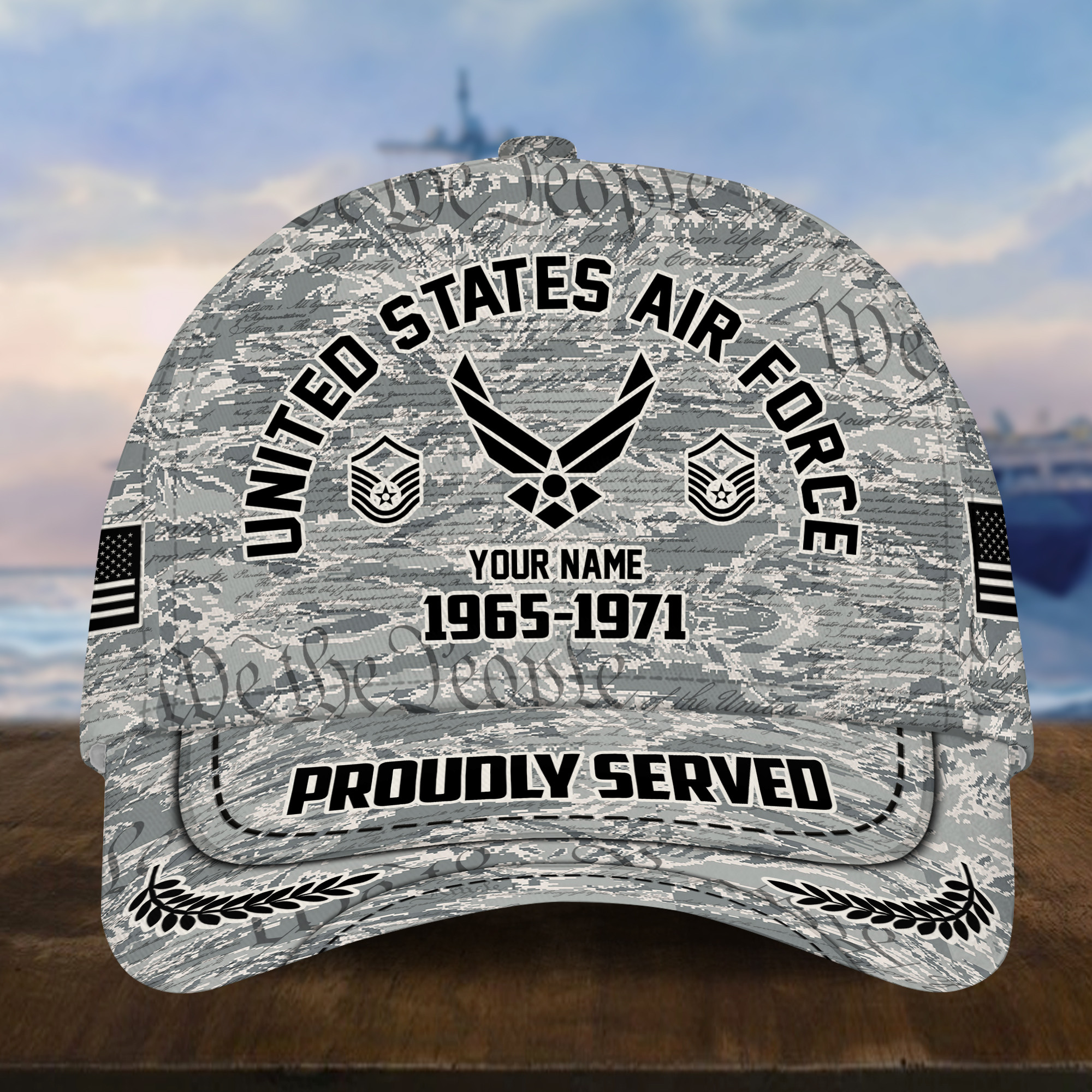 Personalized Camo Combat USAF Veteran Hat: Custom Military Rank Name Year and Ball Cap Printing VPVC001004