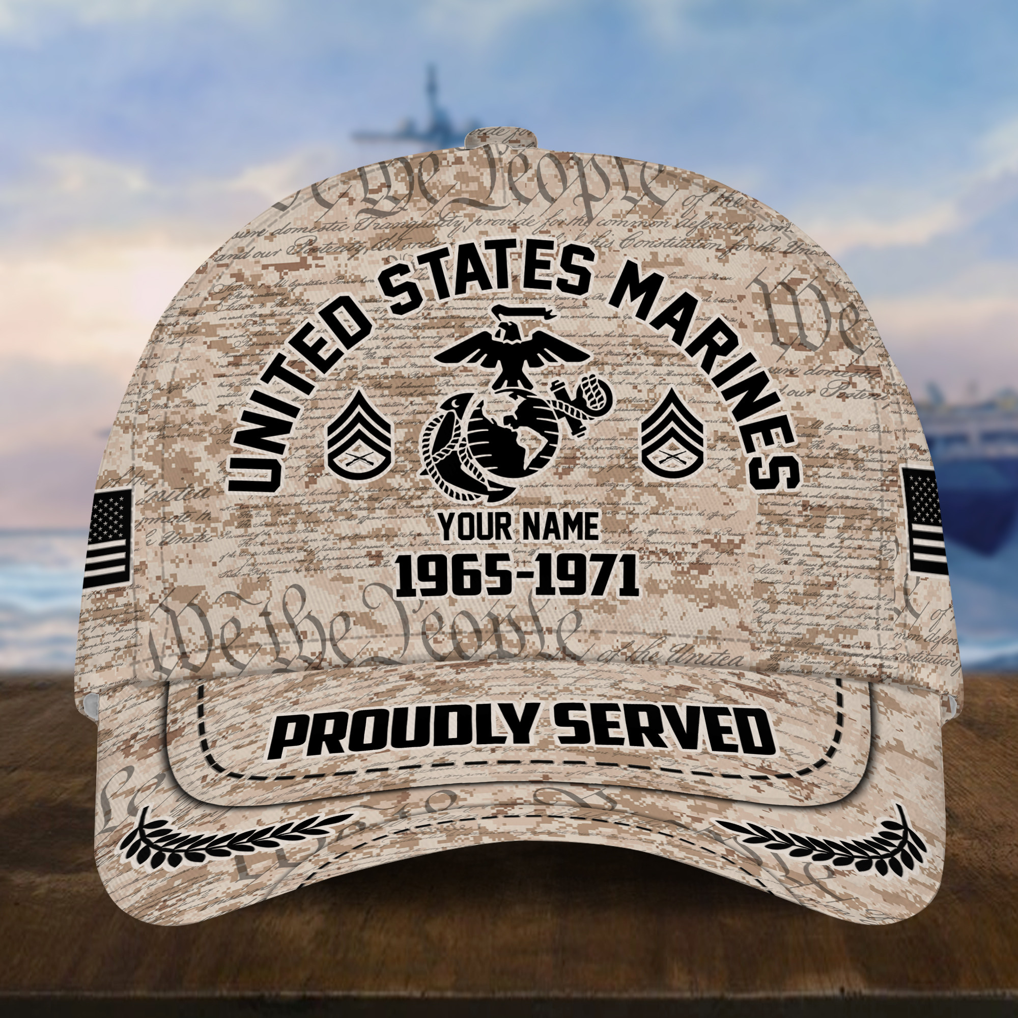 Personalized Camo Combat US Marines Veteran Hat: Custom Military Rank Name Year and Ball Cap Printing VPVC001003