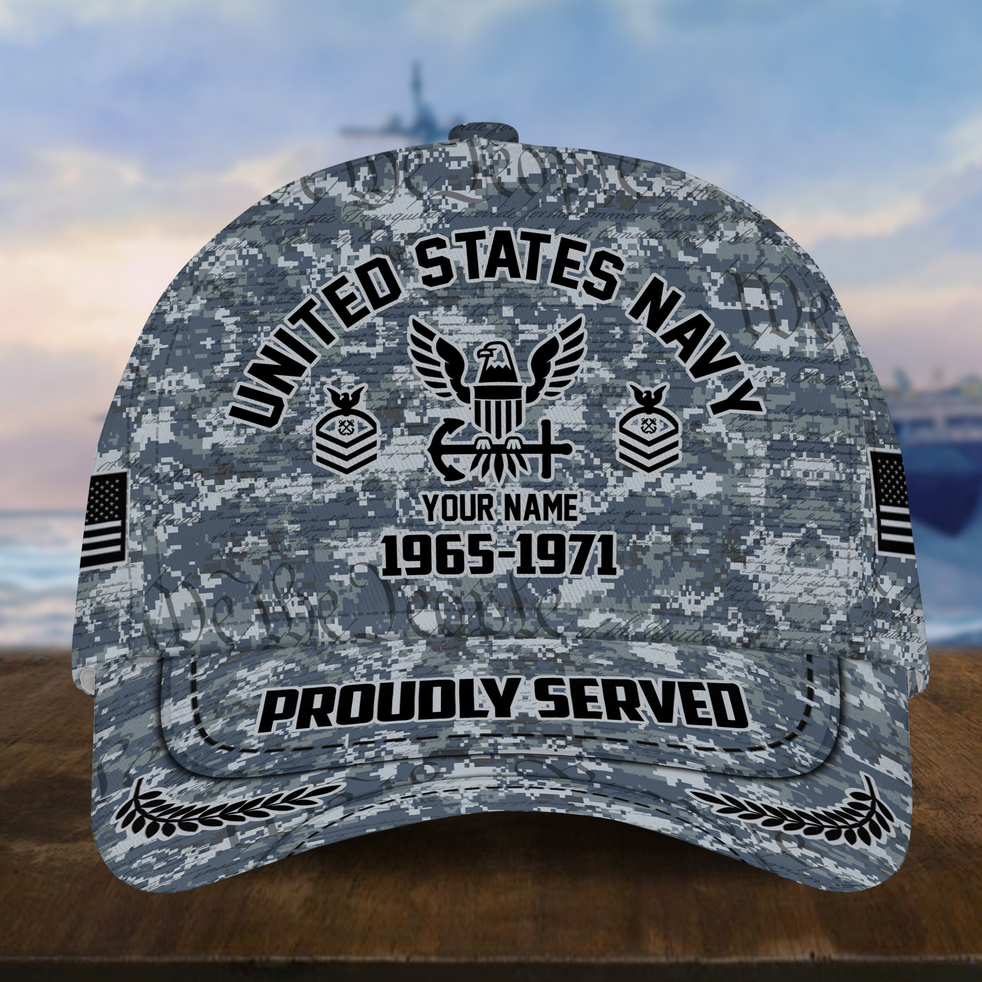 Personalized Camo Combat US Navy Veteran Hat: Custom Military Rank Name Year and Ball Cap Printing VPVC001002