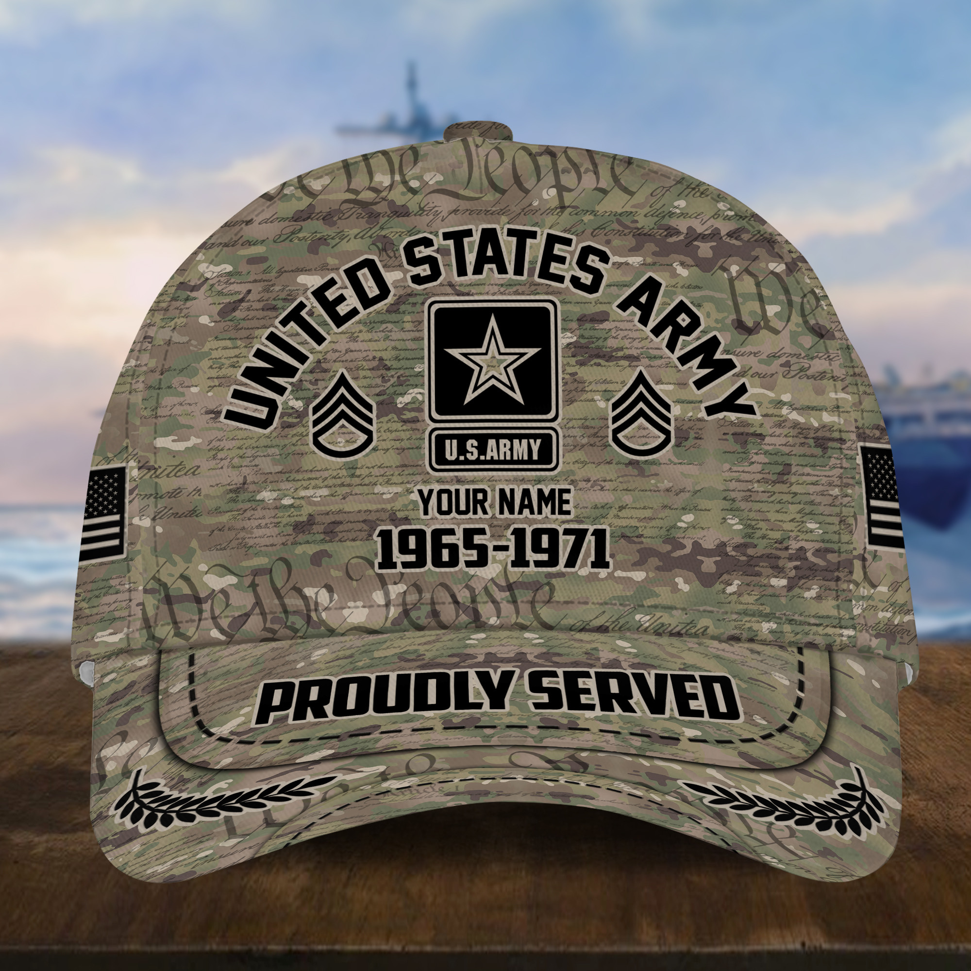 Personalized Camo Combat US Army Veteran Hat: Custom Military Rank Name Year and Ball Cap Printing VPVC001001