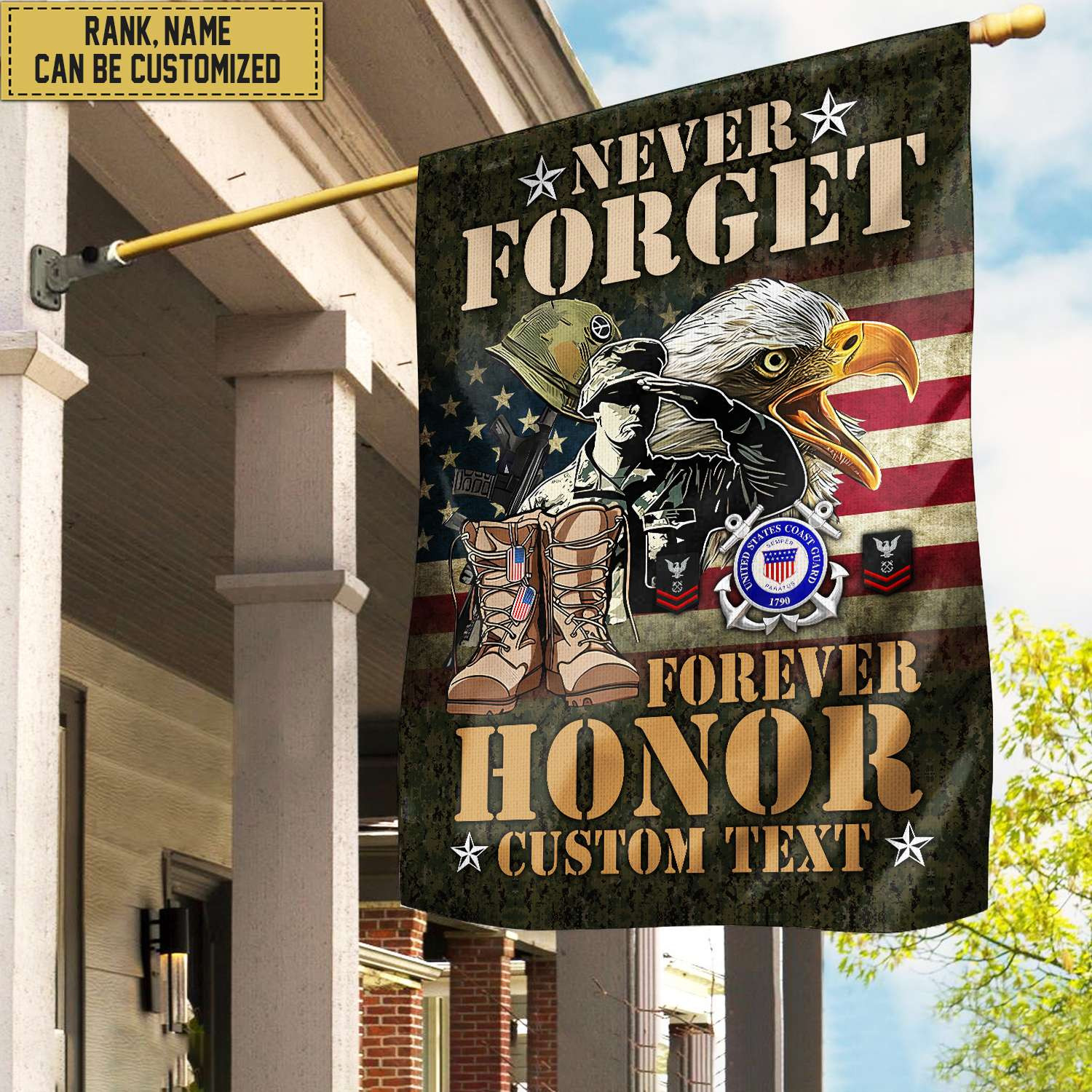 USCG – Coast Guard Veteran Custom Name, Rank, American Flag, Veterans Day Gift, American Flag Gift For Him Military Gift Patriotic, Garden Flag – House Flag VPVC101705