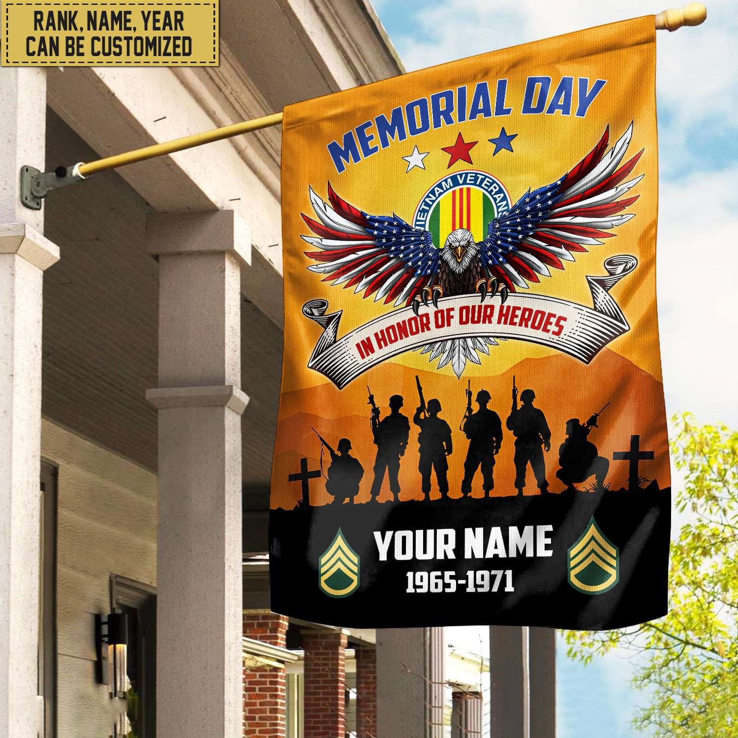 Premium Custom Name, Rank, Year American Flag, Veterans Day Gift, American Flag Gift For Him Military, Gift For Vietnam Veteran, Garden Flag – House Flag VPVC101906