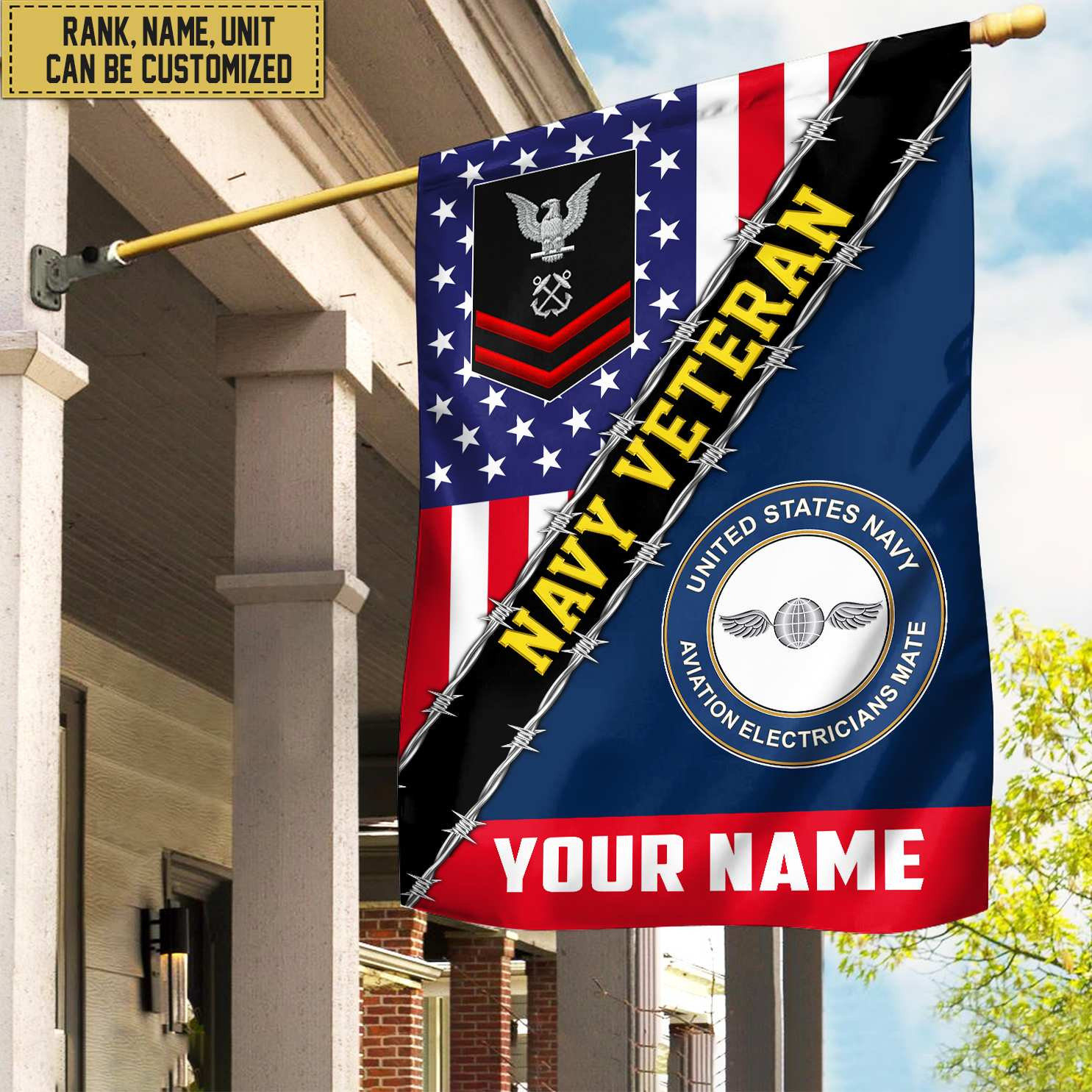 Premium Custom Name, Rank, Unit US Navy American Flag, Gift For Navy Veteran Garden Flag – House Flag VPVC104002