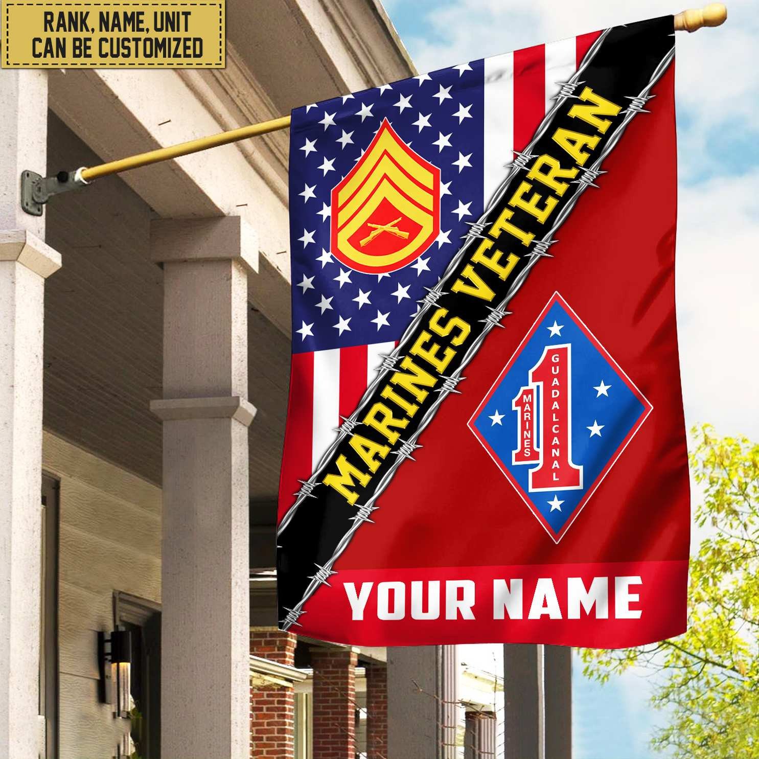 Premium Custom Name, Rank, Unit USMC American Flag, Gift For Marine Veteran Garden Flag – House Flag VPVC104003