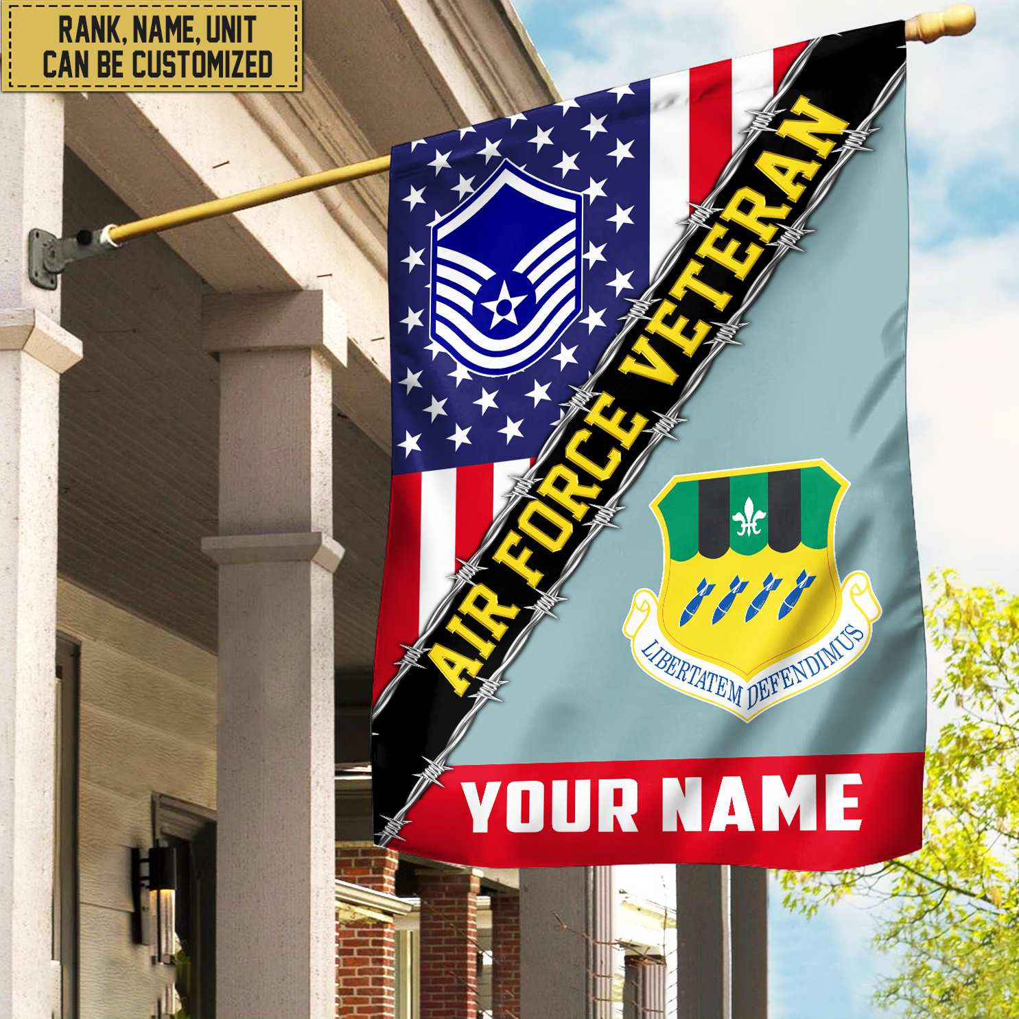 Premium Custom Name, Rank, Unit USAF American Flag, Gift For Air Force Veteran Garden Flag – House Flag VPVC104004