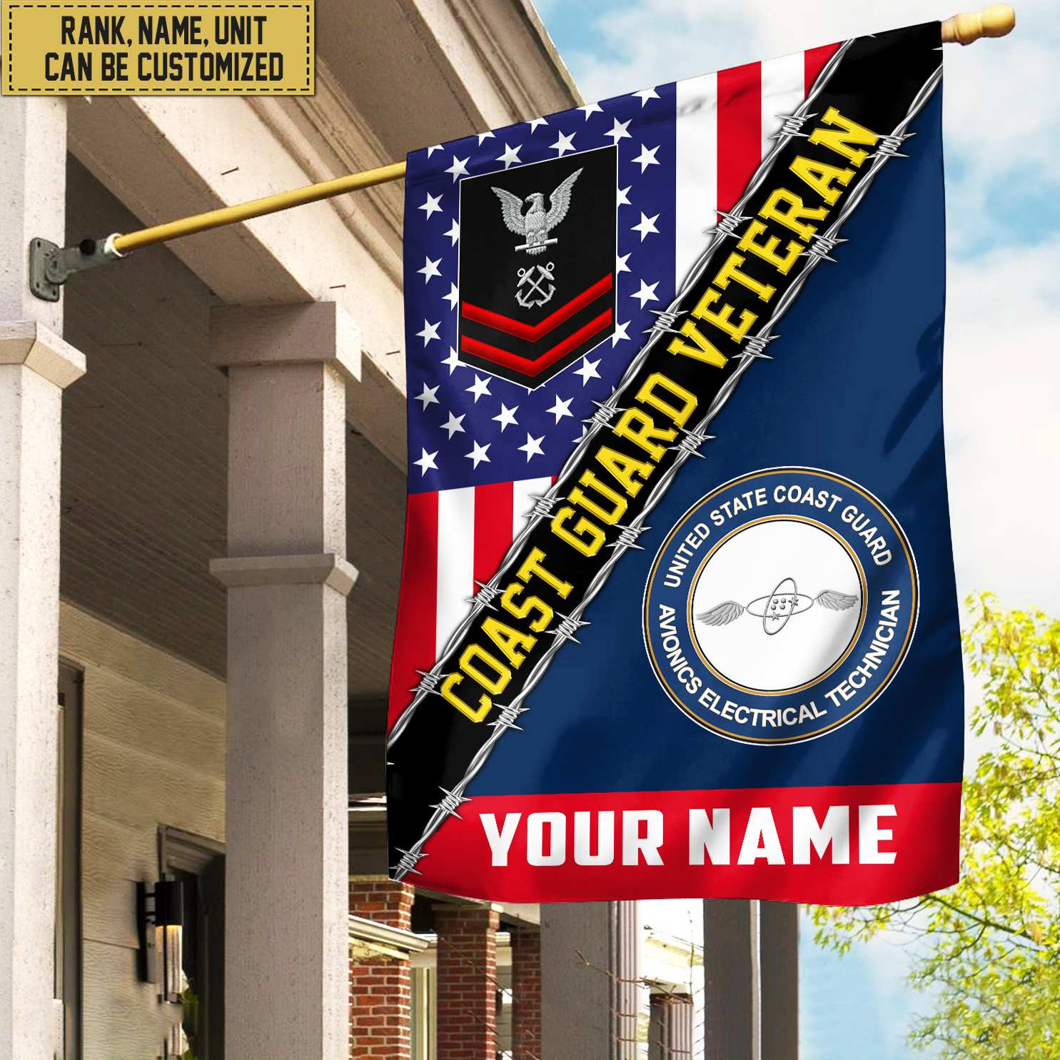 Premium Custom Name, Rank, Unit USCG American Flag, Gift For Coast Guard Veteran Garden Flag – House Flag VPVC104005