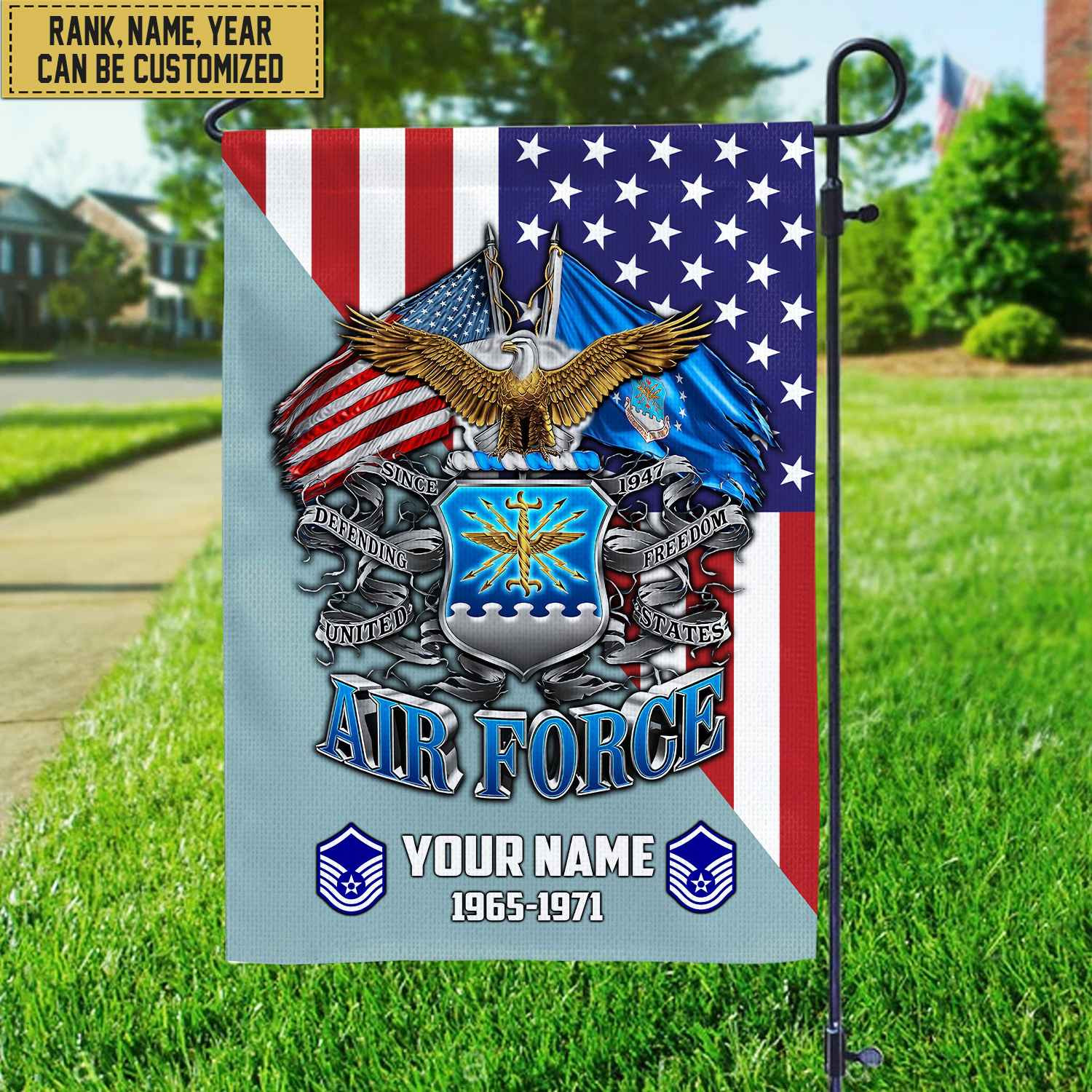 Premium Custom Name, Rank USAF Veteran Flag, Gift For Air Force Veteran Garden Flag – House Flag VPVC104104