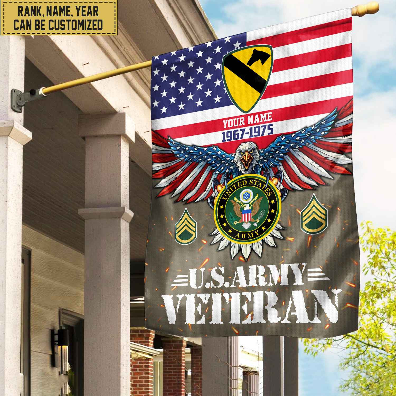 US Army Veteran Flag, Custom Name, Rank, Unit Gift For Army Veteran Garden Flag – House Flag VPVC104401