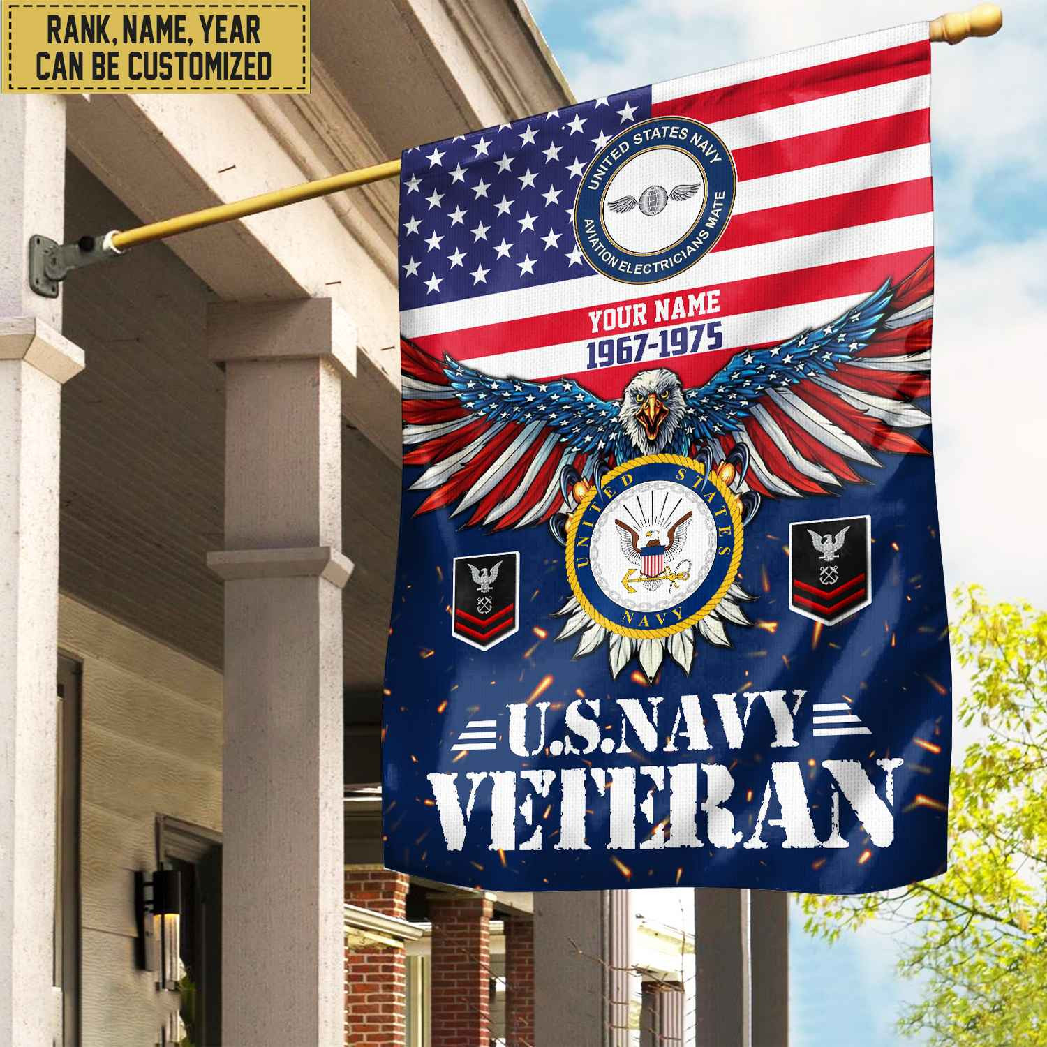 US Navy Veteran Flag, Custom Name, Rank, Unit Gift For Navy Veteran Garden Flag – House Flag VPVC104402