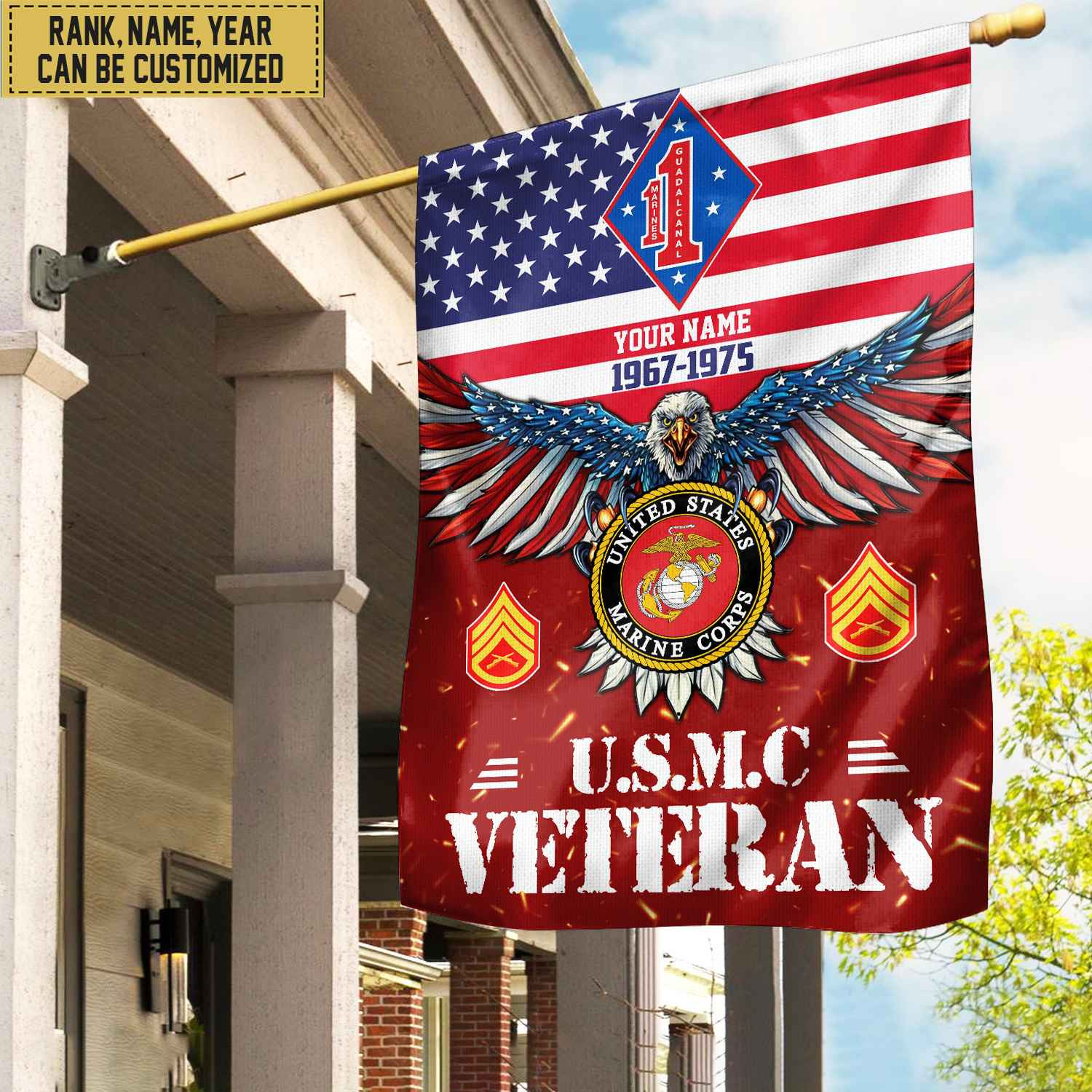 USMC Veteran Flag, Custom Name, Rank, Unit Gift For Marine Veteran Garden Flag – House Flag VPVC104403
