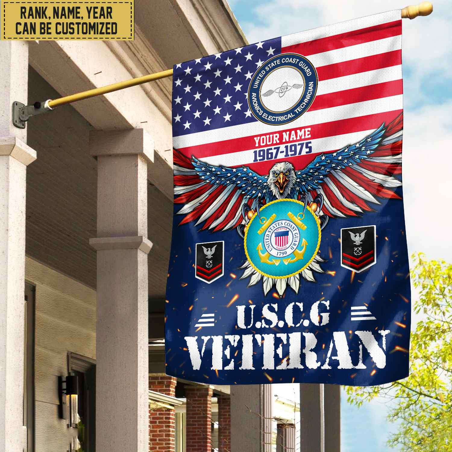 USCG Veteran Flag, Custom Name, Rank, Unit Gift For Coast Guard Veteran Garden Flag – House Flag VPVC104405