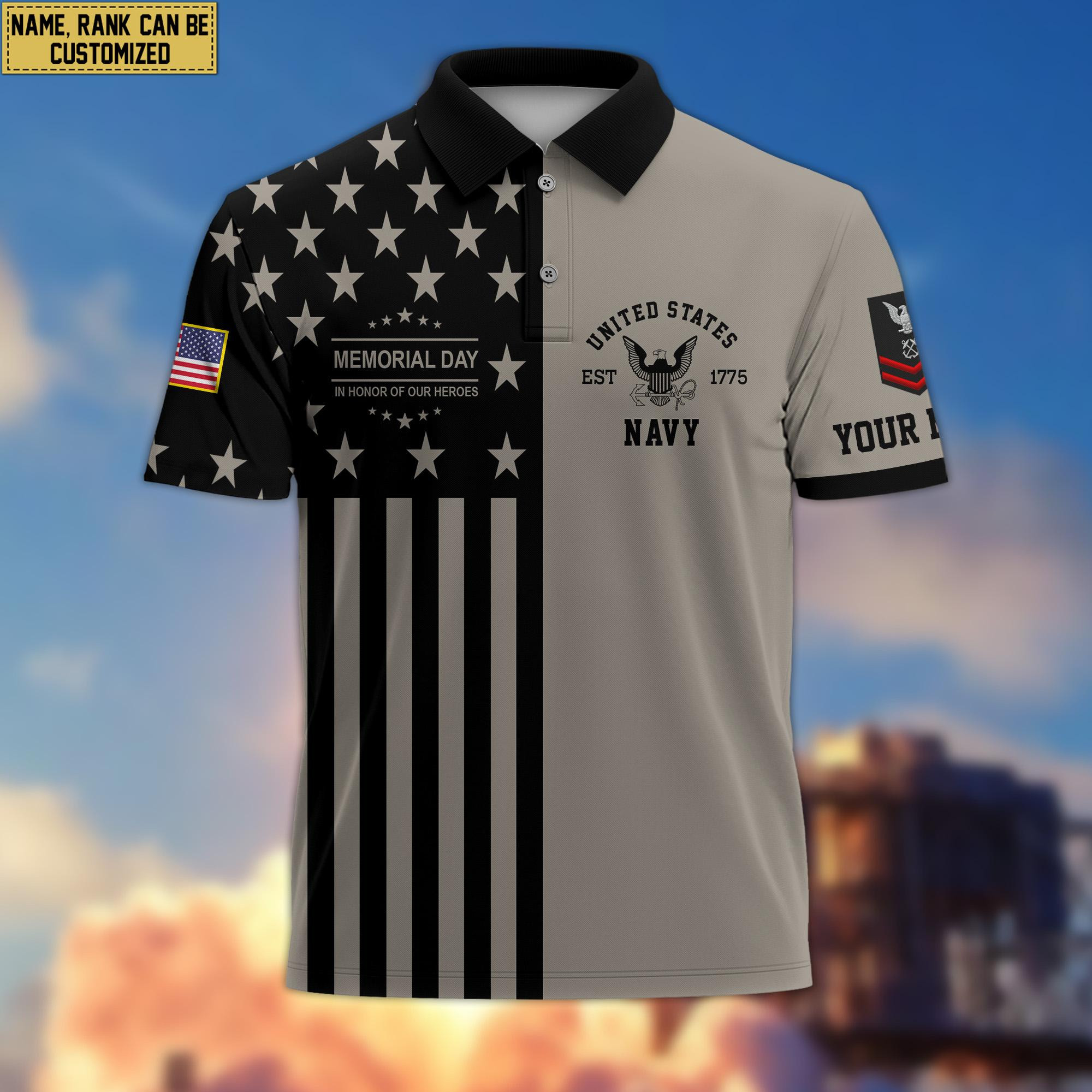 US Navy Veteran Polo Shirt, Custom Name, Rank Gift For US Navy Veteran VPVC200602