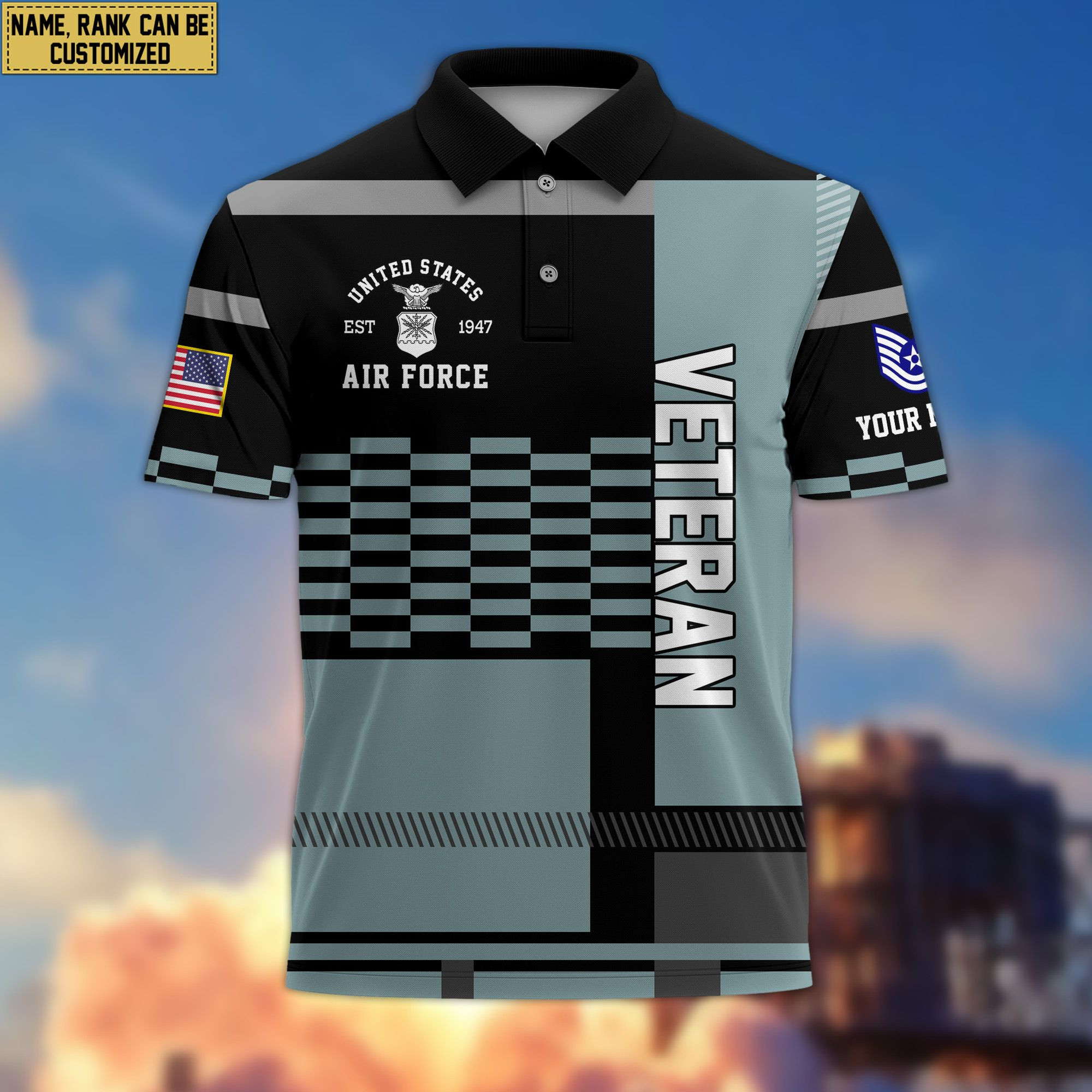 Premium Custom Name, Rank USAF Polo Shirt, Gift for Air Force Veteran VPVC201004