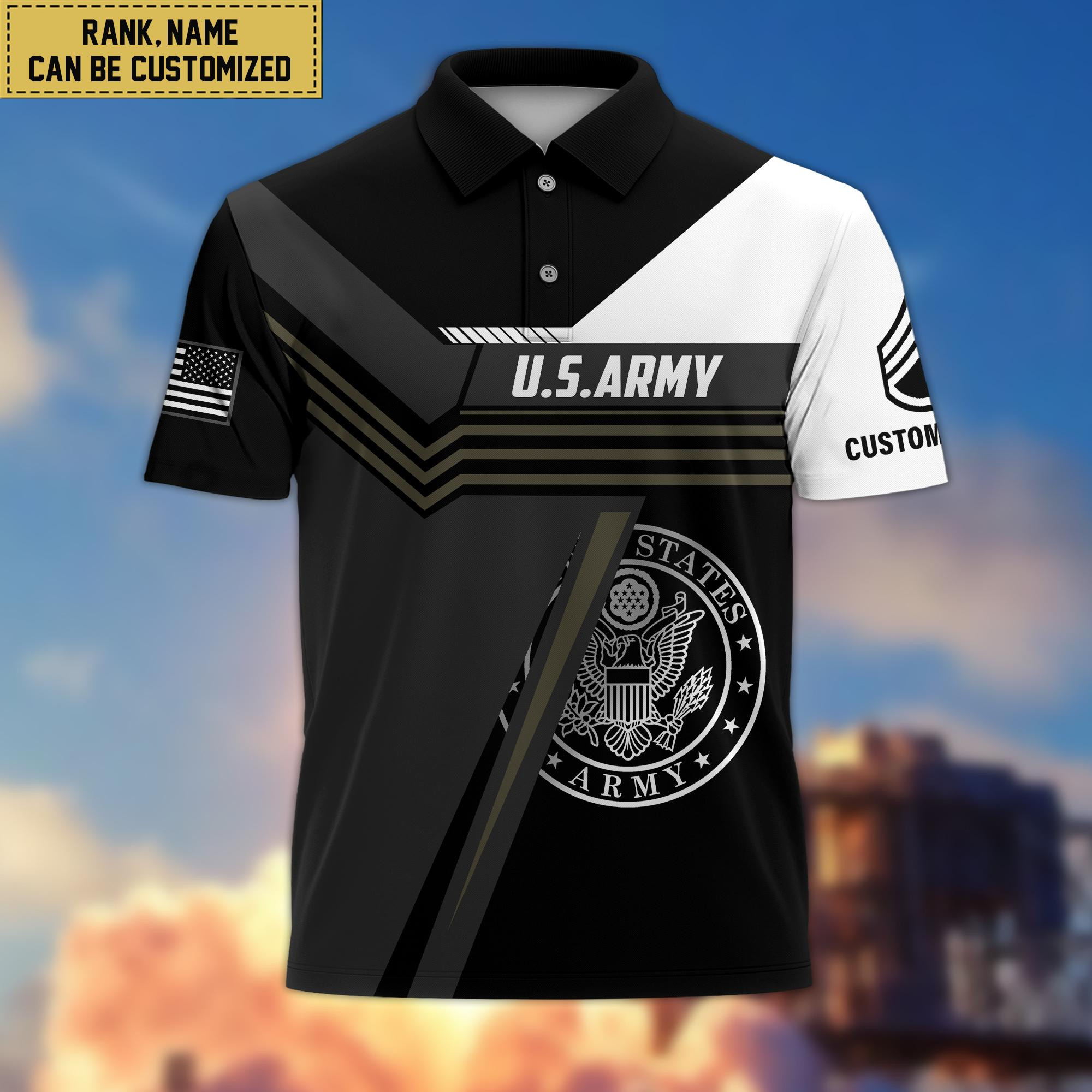 Custom US Army Polo Shirt, Custom Name, Rank, Gift for Army Veteran VPVC201801