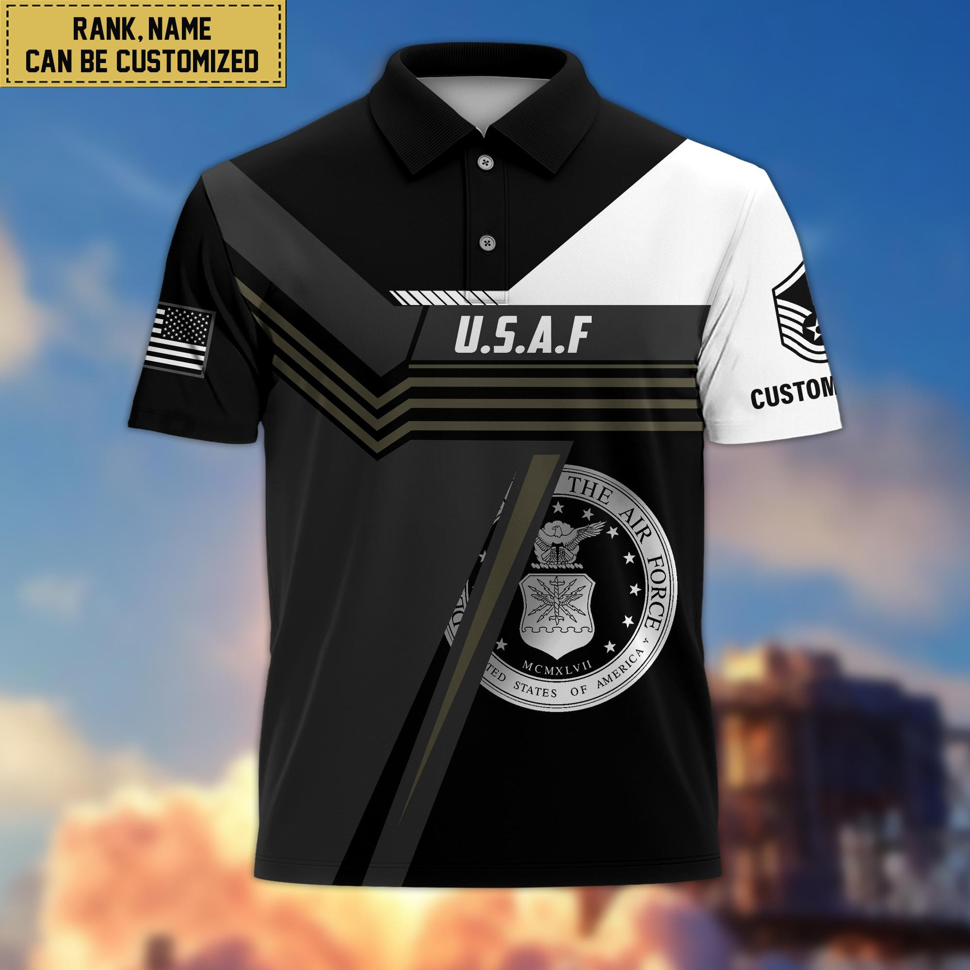 Custom USAF Polo Shirt, Custom Name, Rank, Gift for Air Force Veteran VPVC201804