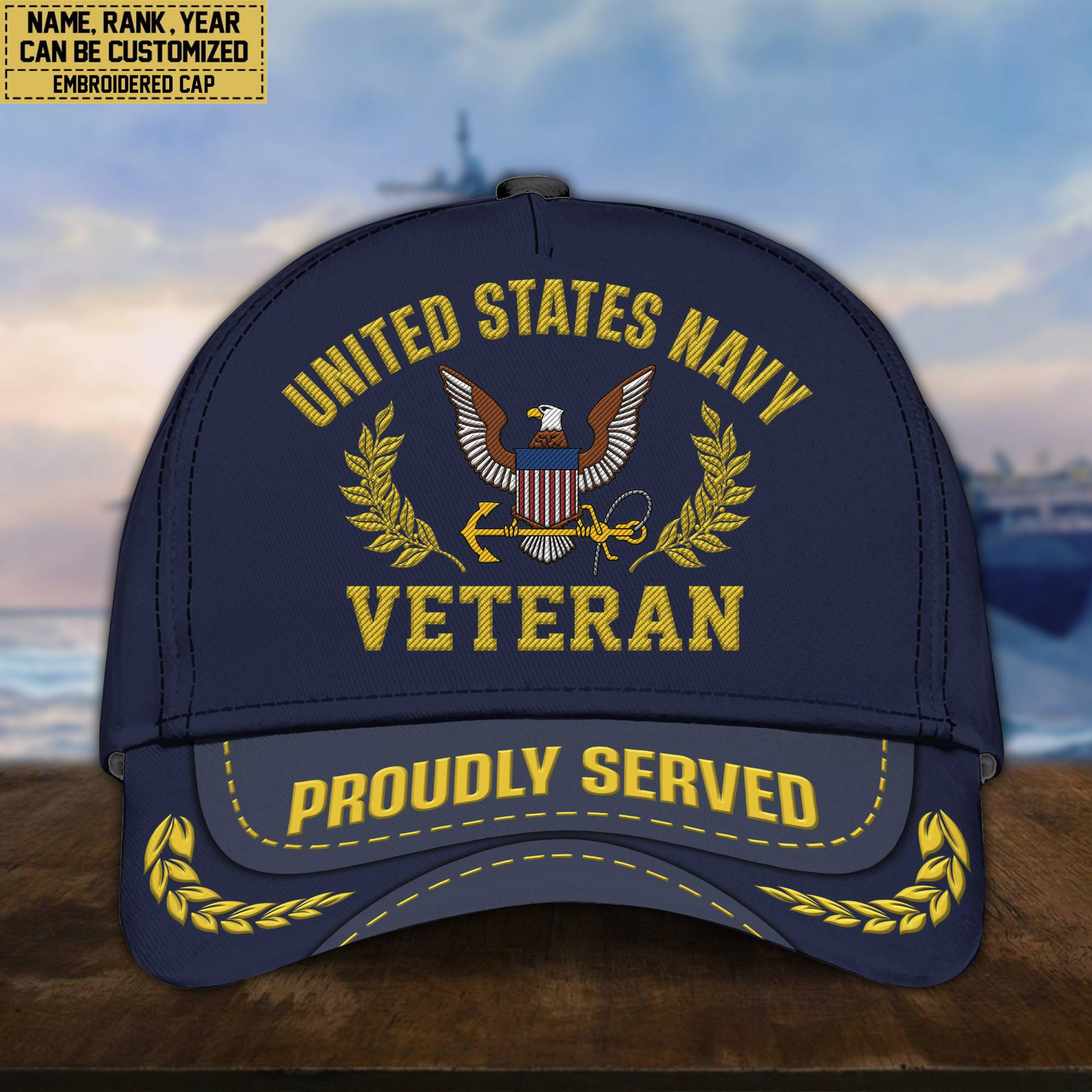 Premium Custom Name, Rank, US Navy Embroidered Cap, Hat for Navy Veteran, Gifts for Father’s Day, Veterans Day VPVC300402