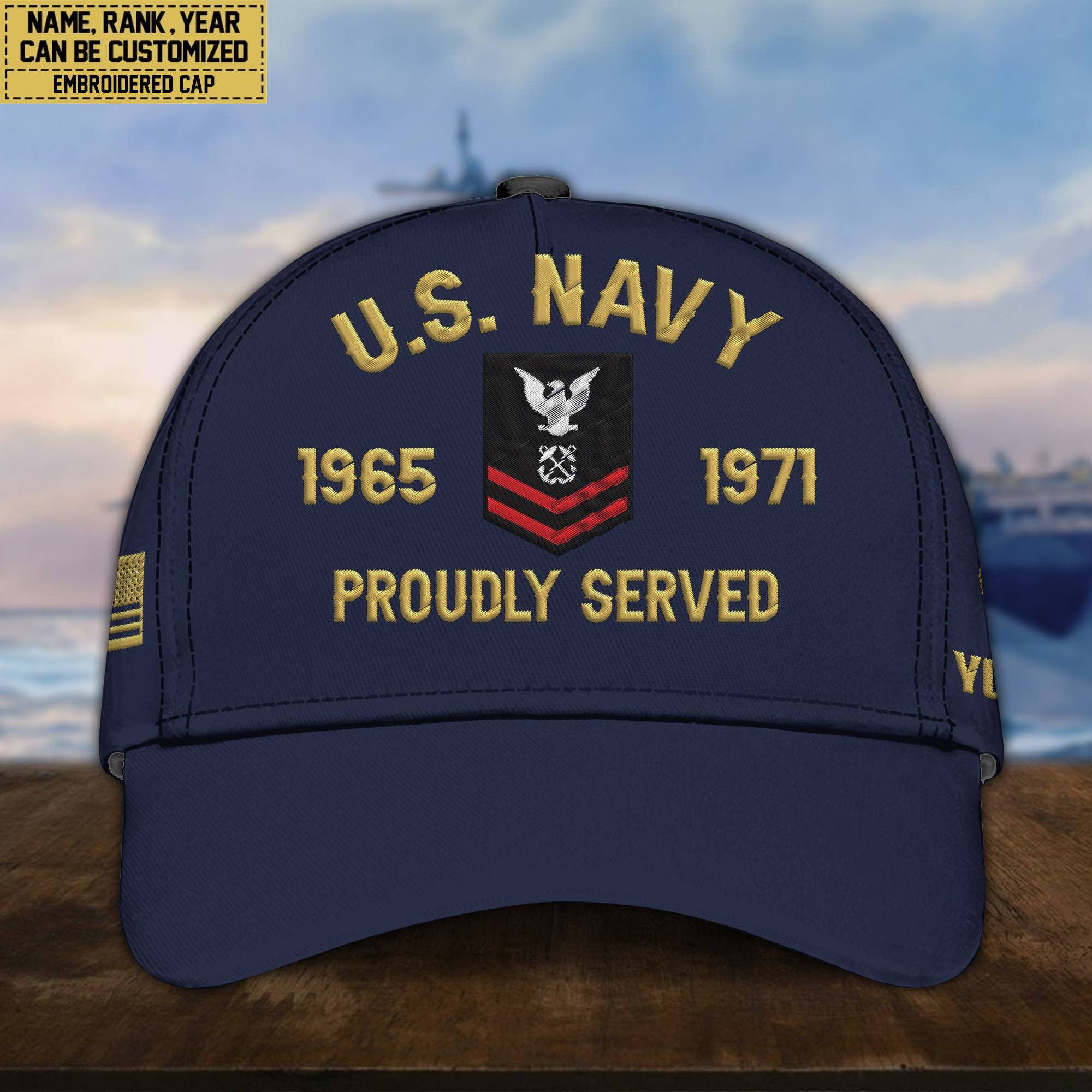 Premium Custom Name, Rank, US Navy Embroidered Cap, Hat for Navy Veteran, Gifts for Father’s Day, Veterans Day VPVC300502
