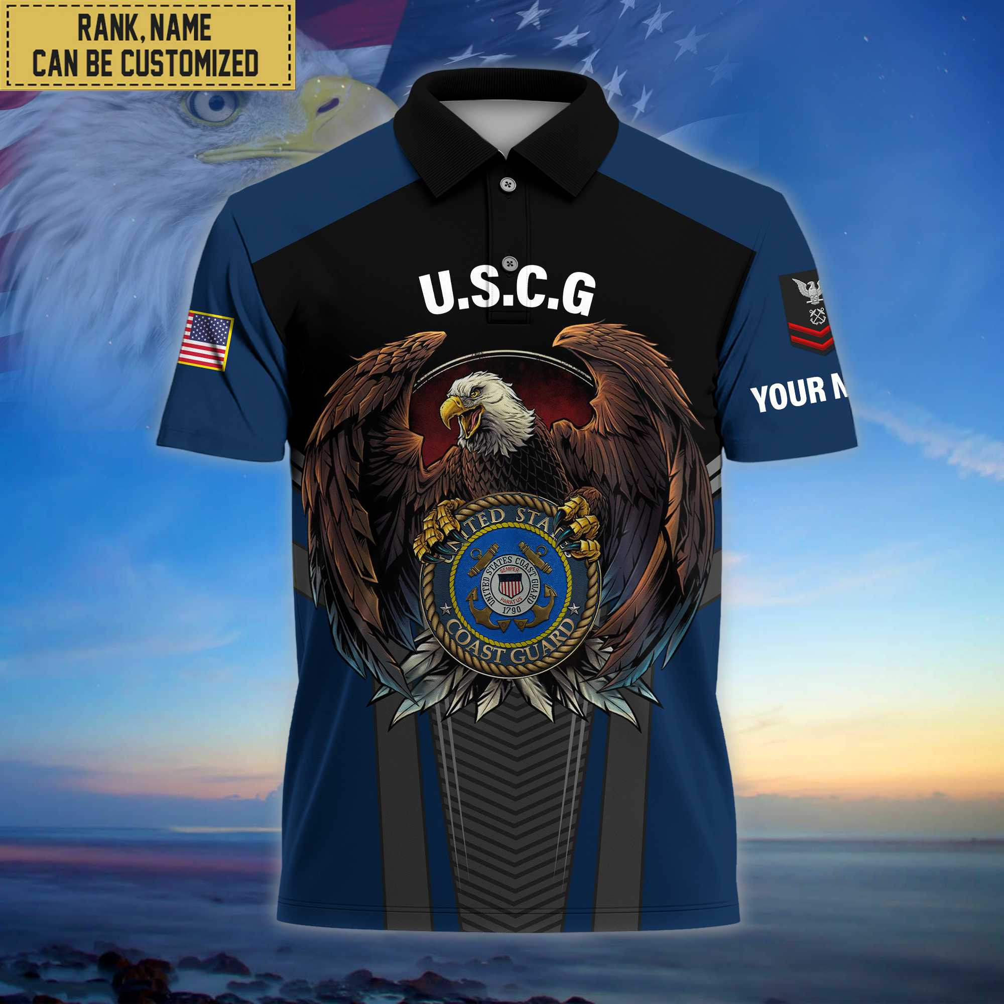 Premium Custom Name, Rank USCG Polo Shirt, Gifts for Coast Guard Veteran VPVC202505