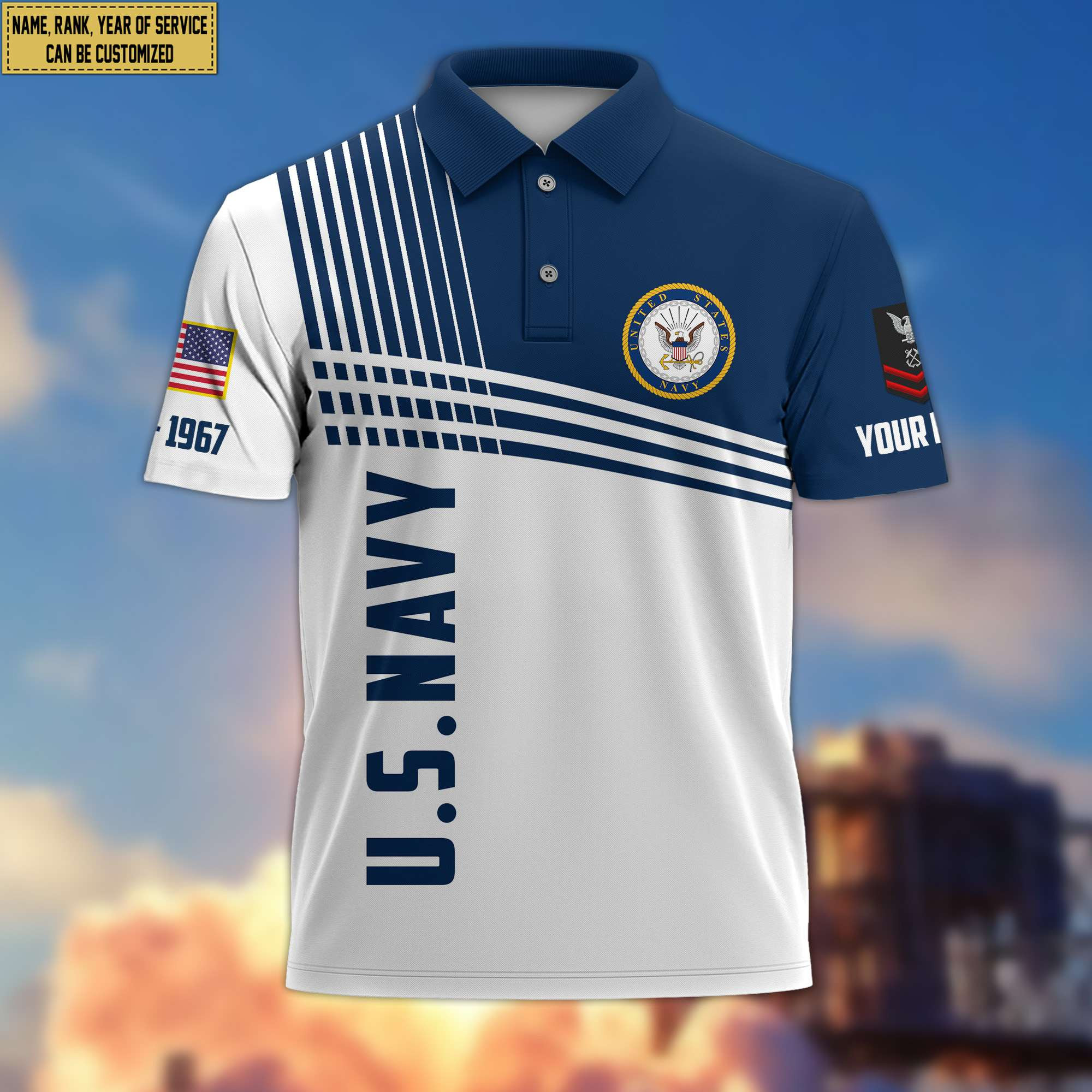 Premium Custom Name, Rank US Navy Polo Shirt, Gifts For Dad, For Husband, For Navy Veteran VPVC203102