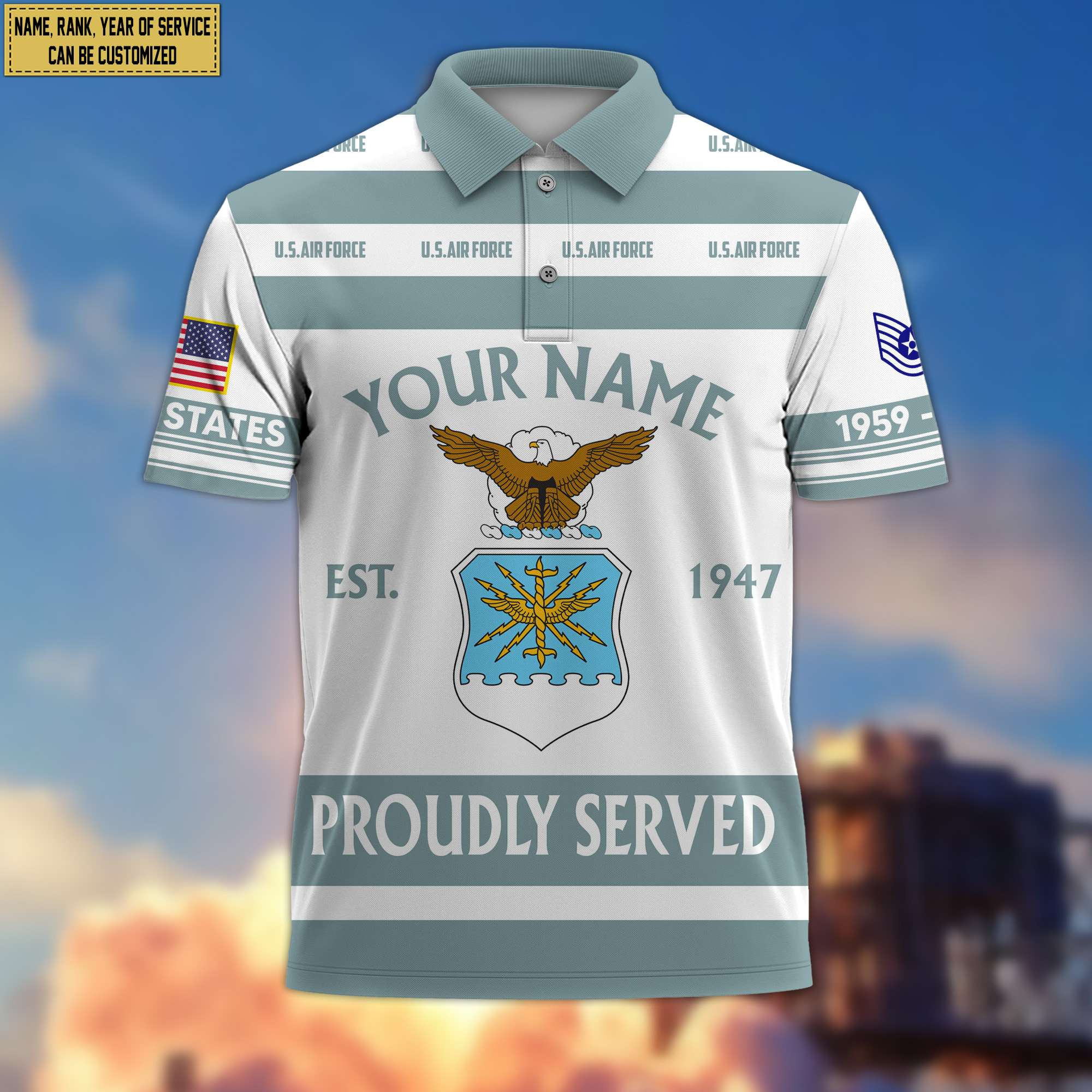 Premium Custom Name, Rank USAF Polo Shirt, Gifts for Air Force Veteran, Gifts for Veterans Day, Father’s Day VPVC203204