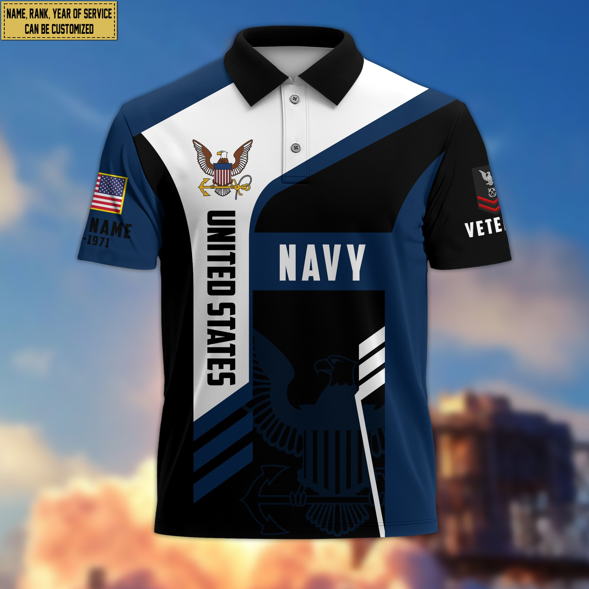 Unique Custom US Navy Polo Shirt, Custom Name, Rank, Gifts for Navy Veteran, Veterans Day, Father’s Day VPVC203902