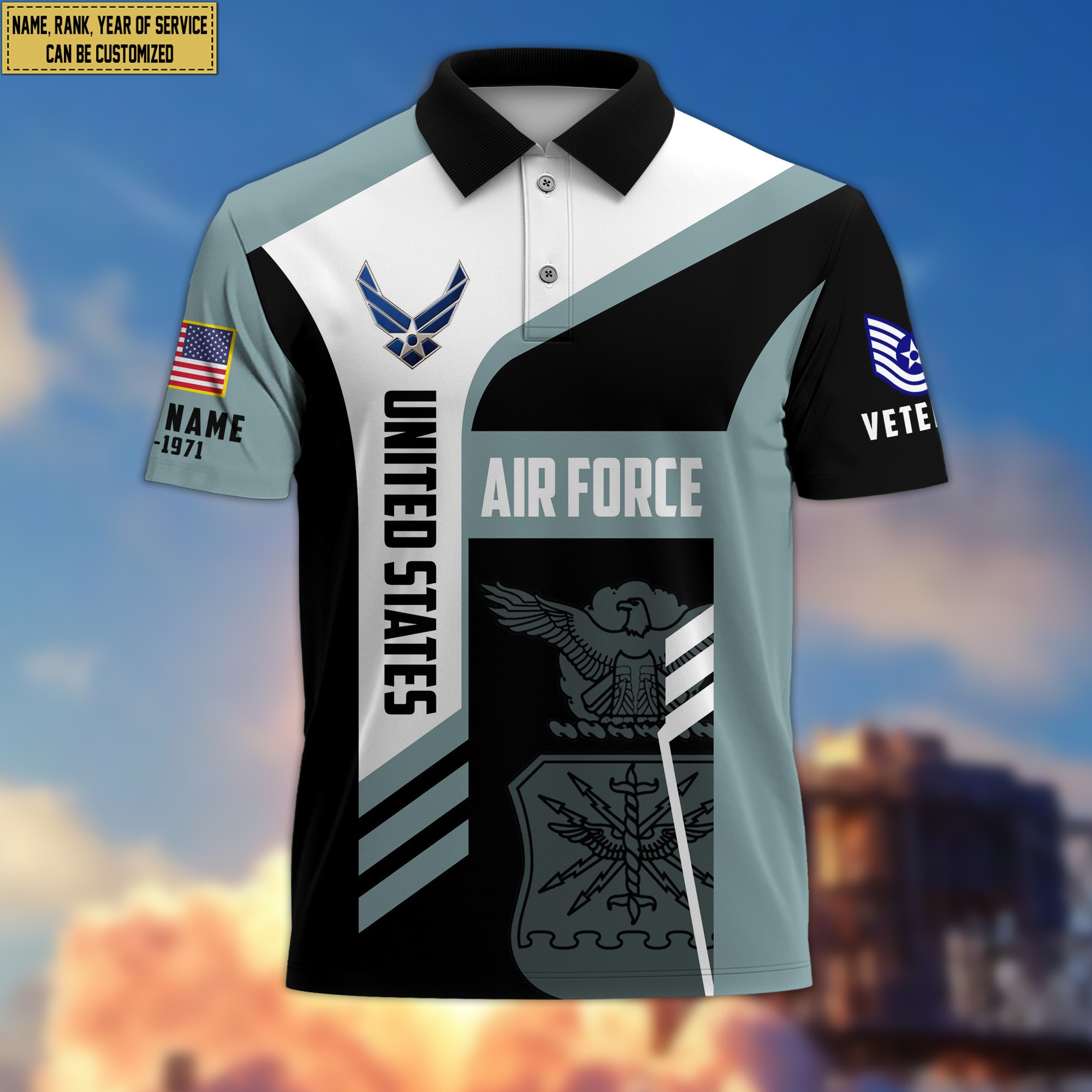 Unique Custom USAF Polo Shirt, Custom Name, Rank, Gifts for Air Force Veteran, Veterans Day, Father’s Day VPVC203904