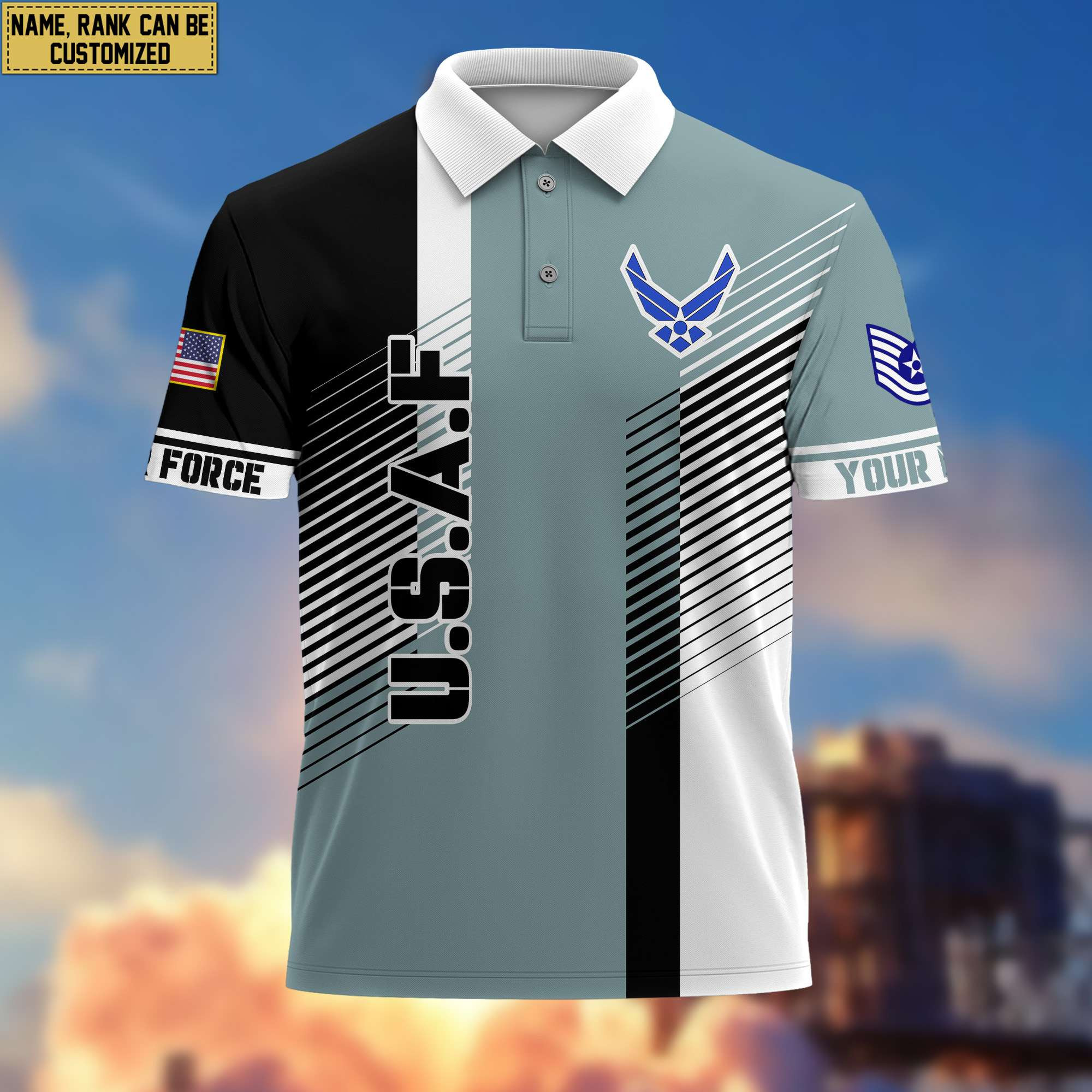 USAF Polo Shirt, Custom Name, Rank, Gift for Air Force Veteran, Veterans Day, Father’s Day VPVC204104