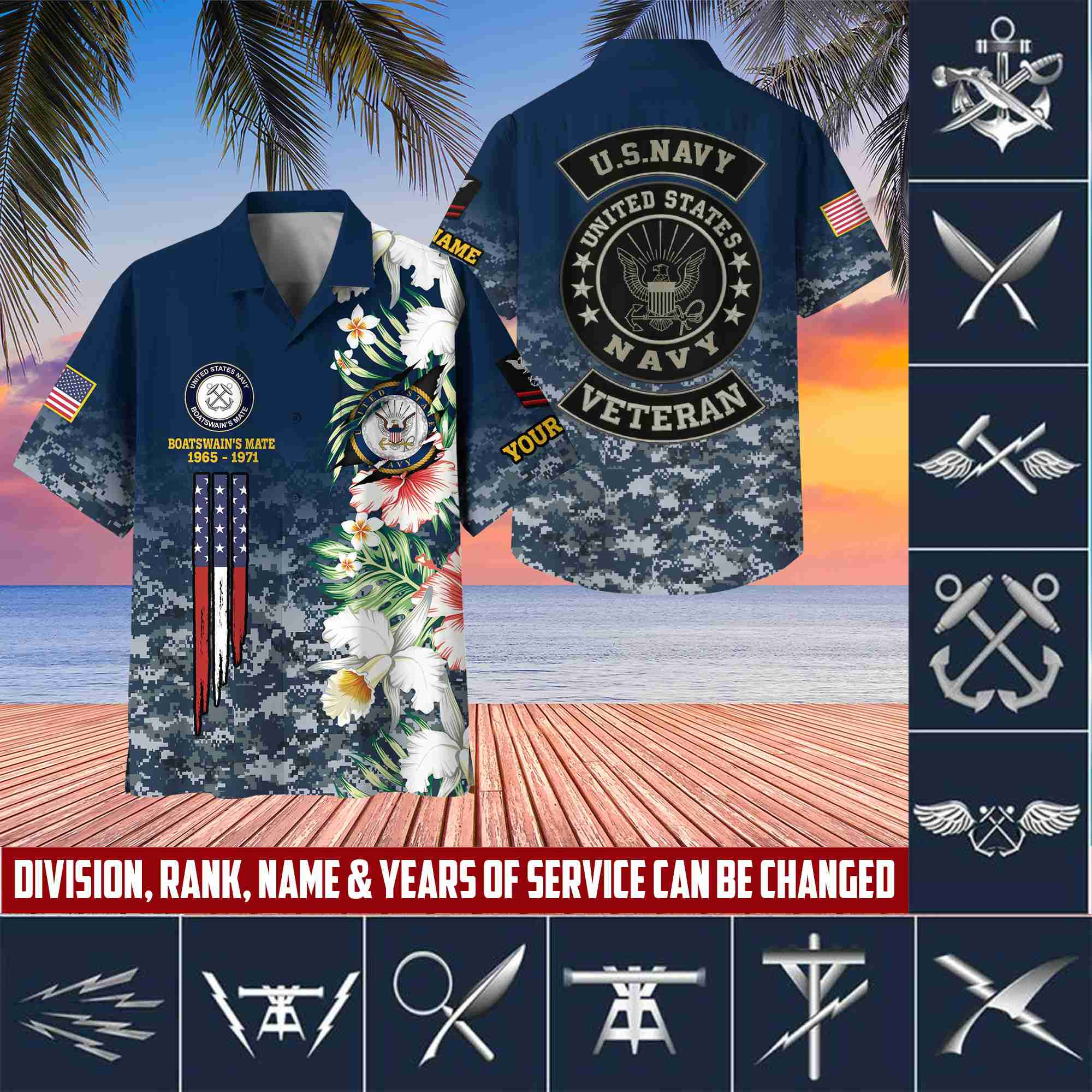 US Navy Hawaii Shirt With Pocket, Custom Rank, Name, Unit, Gifts For Navy Veteran VPVC400202