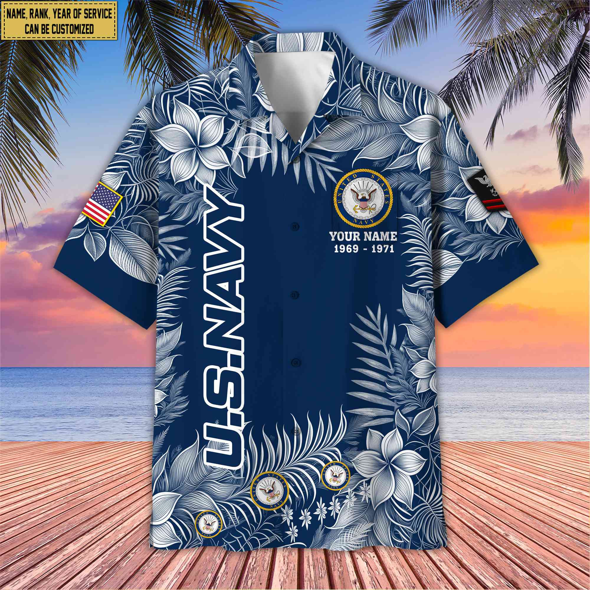 Premium US Navy Hawaii Shirt With Pocket, Custom Name, Rank, Gifts For Navy Veteran VPVC400402