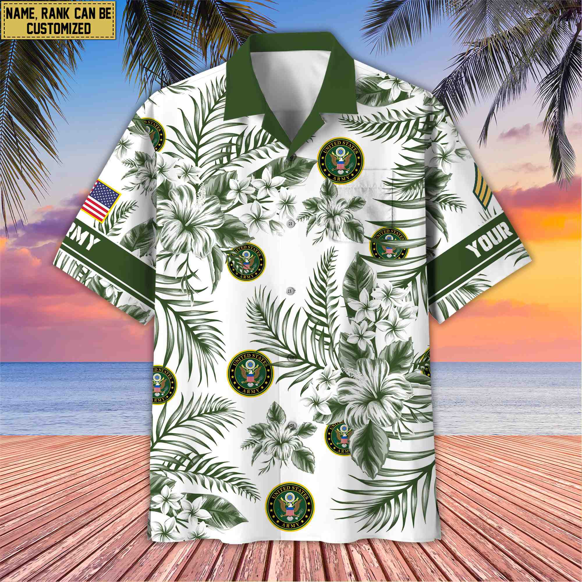 Custom Rank, Name, US Army Hawaii Shirt With Pocket, Gifts For Dad, For Husband Army Veteran VPVC400601