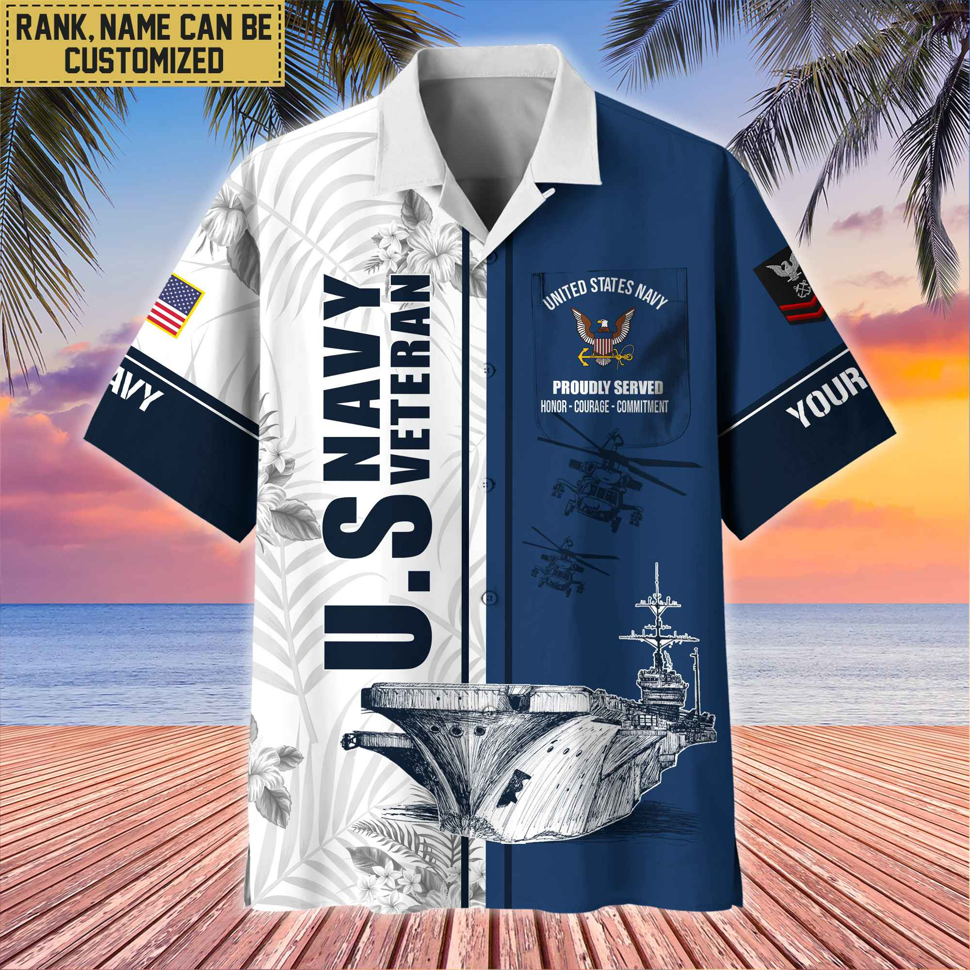 Premium Custom Name, Rank US Navy Veteran Hawaii Shirt With Pocket, Gifts For Veterans Day, Father’s Day, Gifts for Navy Veteran VPVC401102