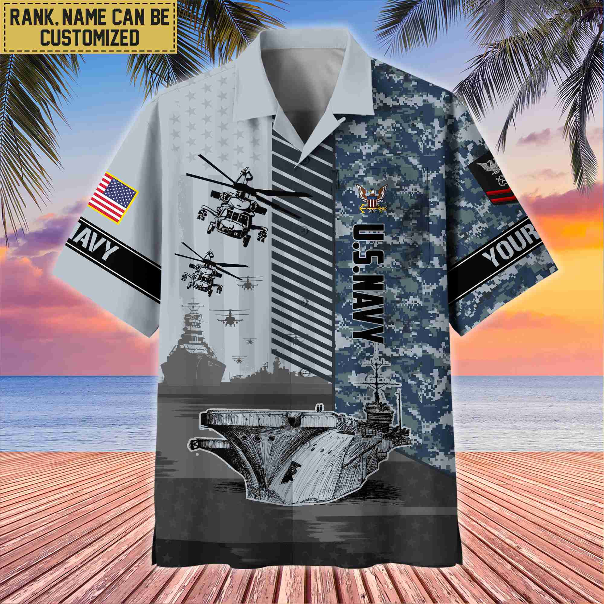 Premium Custom Name, Rank US Navy Hawaii Shirt With Pocket, Gifts For Veterans Day, Father’s Day, Gifts for Navy Veteran VPVC401202