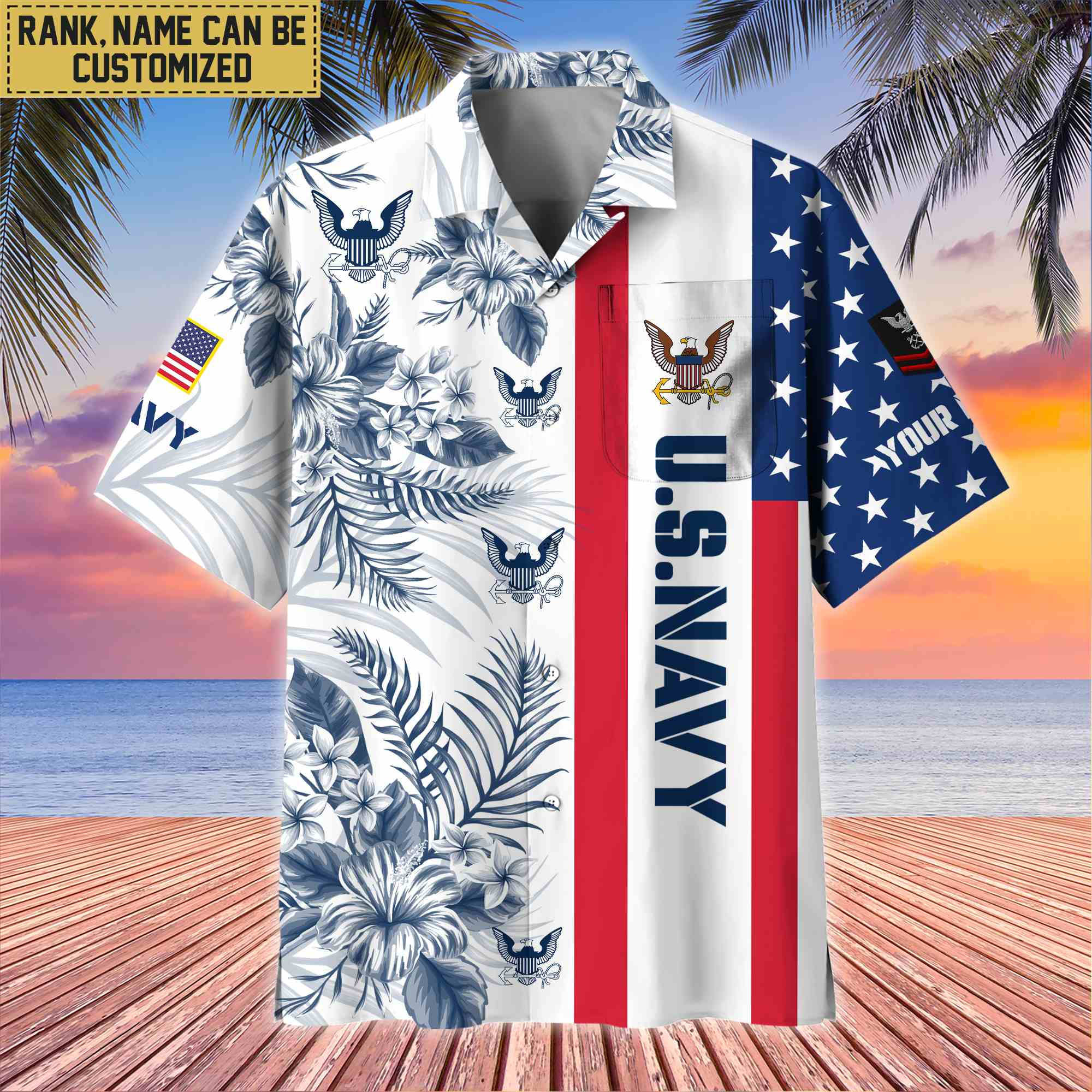 Premium Custom Name, Rank US Navy Hawaiian Shirt With Pocket, Gifts For Veterans Day, Father’s Day, Gifts for Navy Veteran VPVC403502