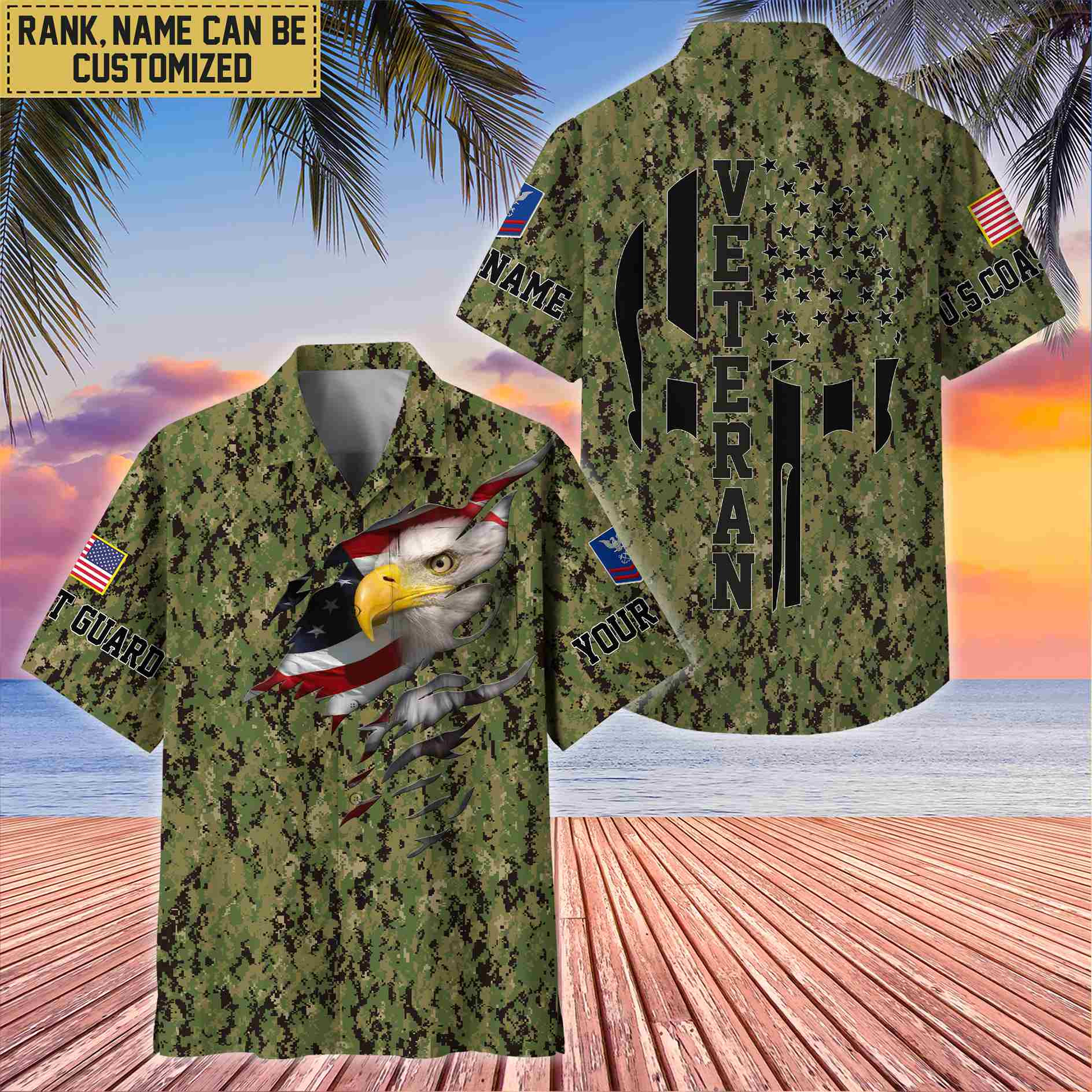 Premium Custom Name, Rank USCG Veteran Hawaiian Shirt With Pocket, Gifts For Dad, For Husband, Gifts For US Coast Guard Veteran VPVC403705