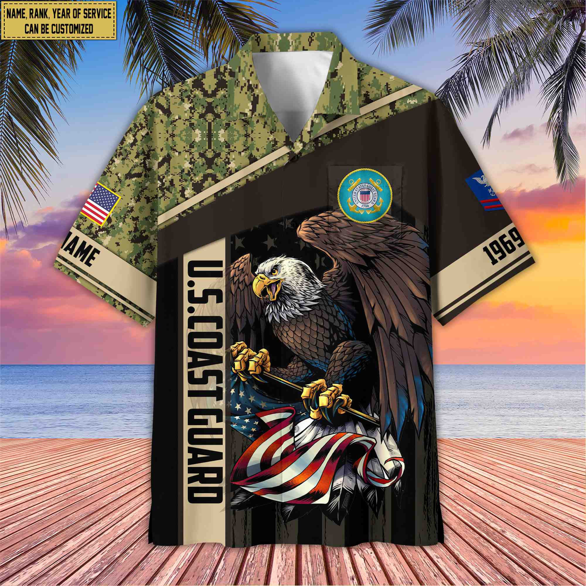 Premium Custom Name, Rank USCG Hawaiian Shirt With Pocket, Gifts For Dad, For Husband, Gifts For Coast Guard Veteran VPVC402505
