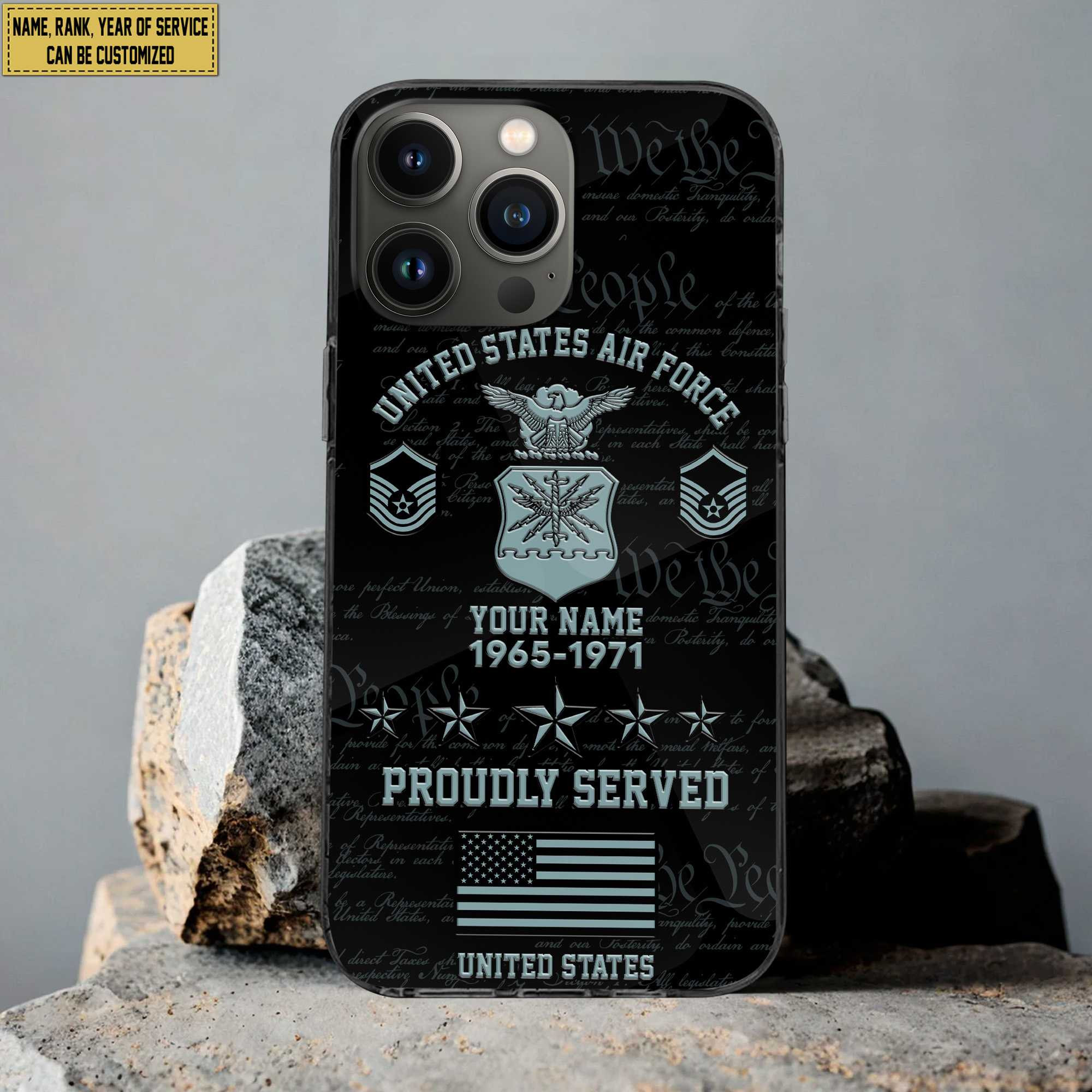 USAF Phone Case, Custom Name, Rank, Gifts For Dad, For Husband, Gifts For Air Force Veteran VPVC500404