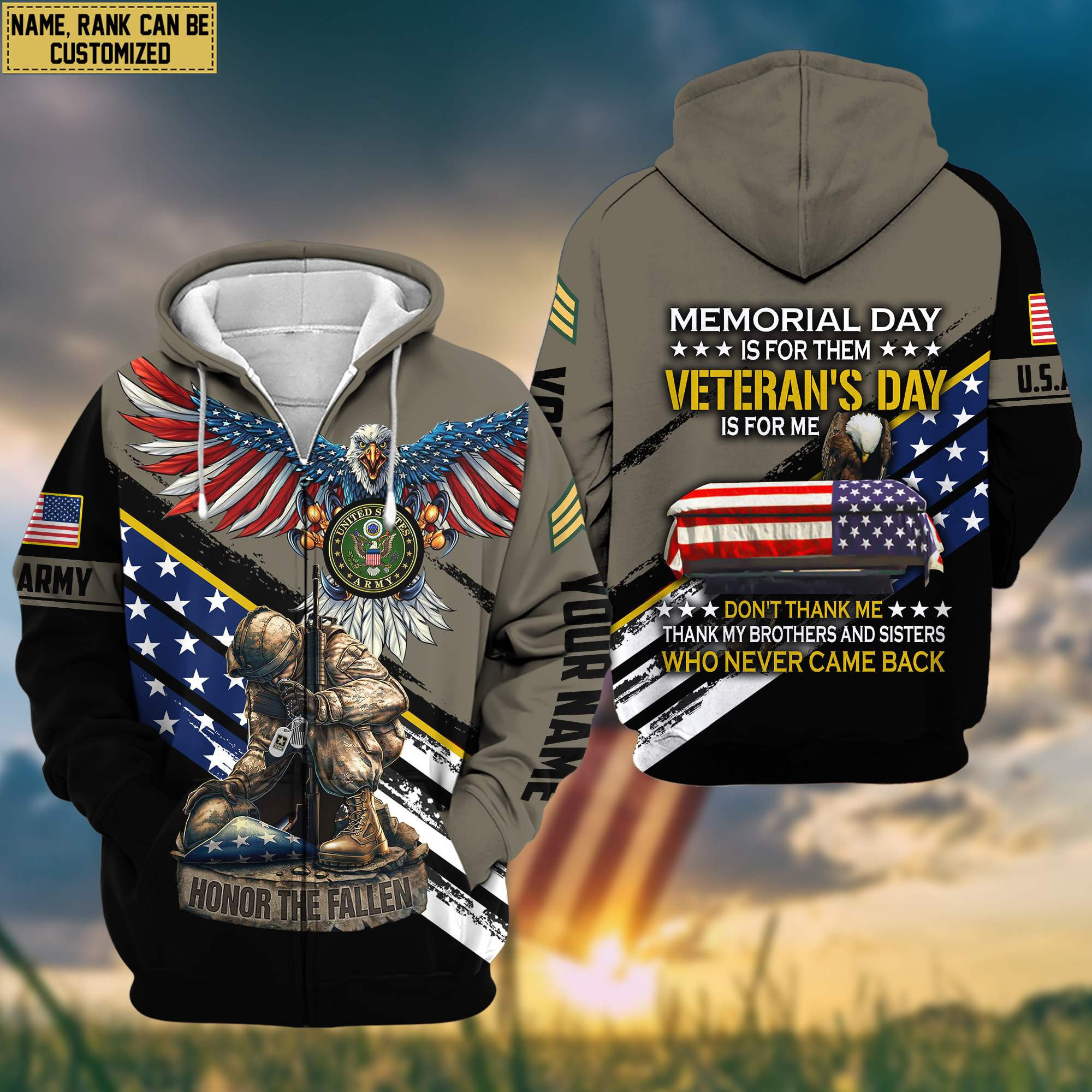 Premium Custom Name, Rank US Army Veteran Zip Up Hoodie, Gifts For Army Veteran, Gifts For Dad, For Husband VPVC601101