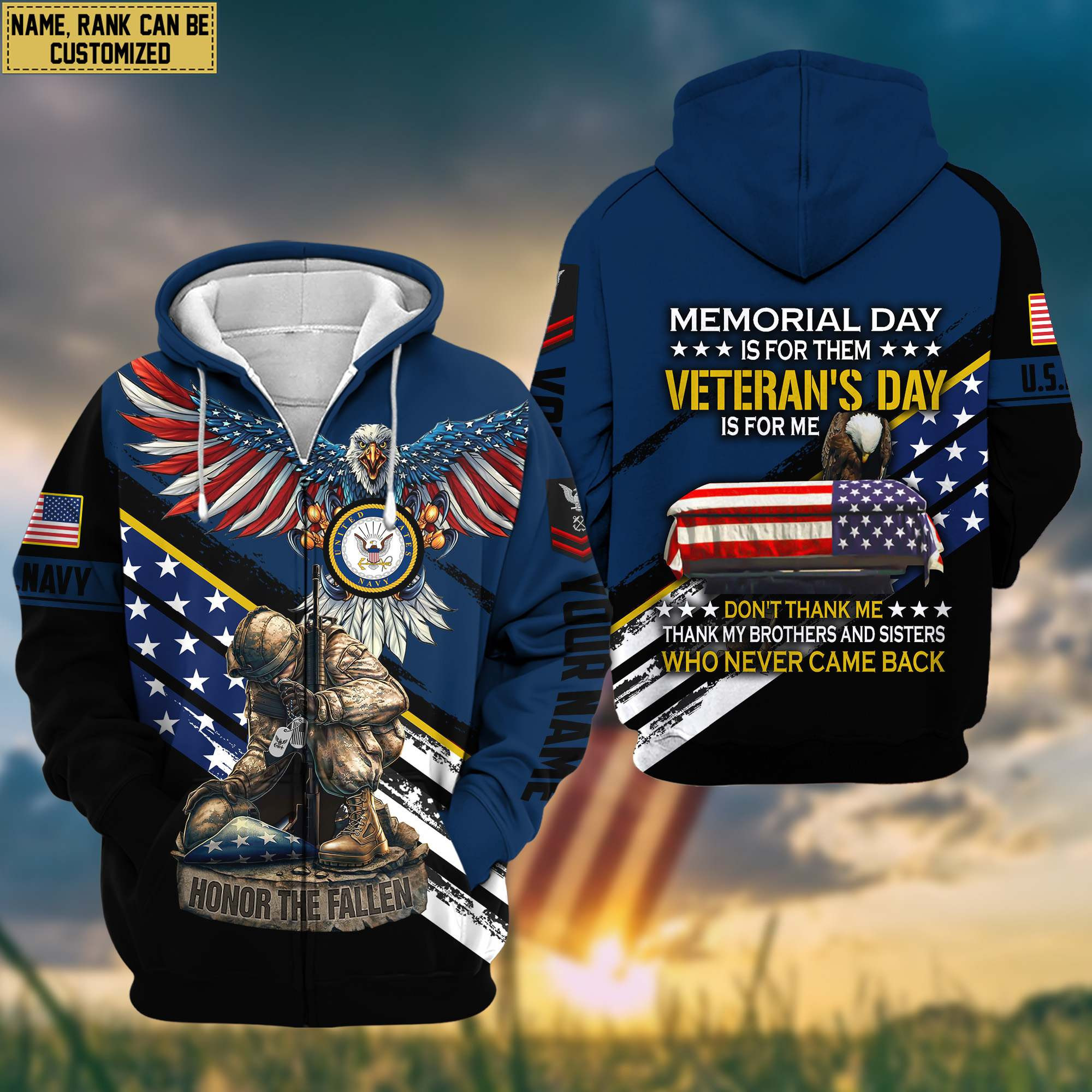 Premium Custom Name, Rank US Navy Veteran Zip Up Hoodie, Gifts For Navy Veteran, Gifts For Dad, For Husband VPVC601102