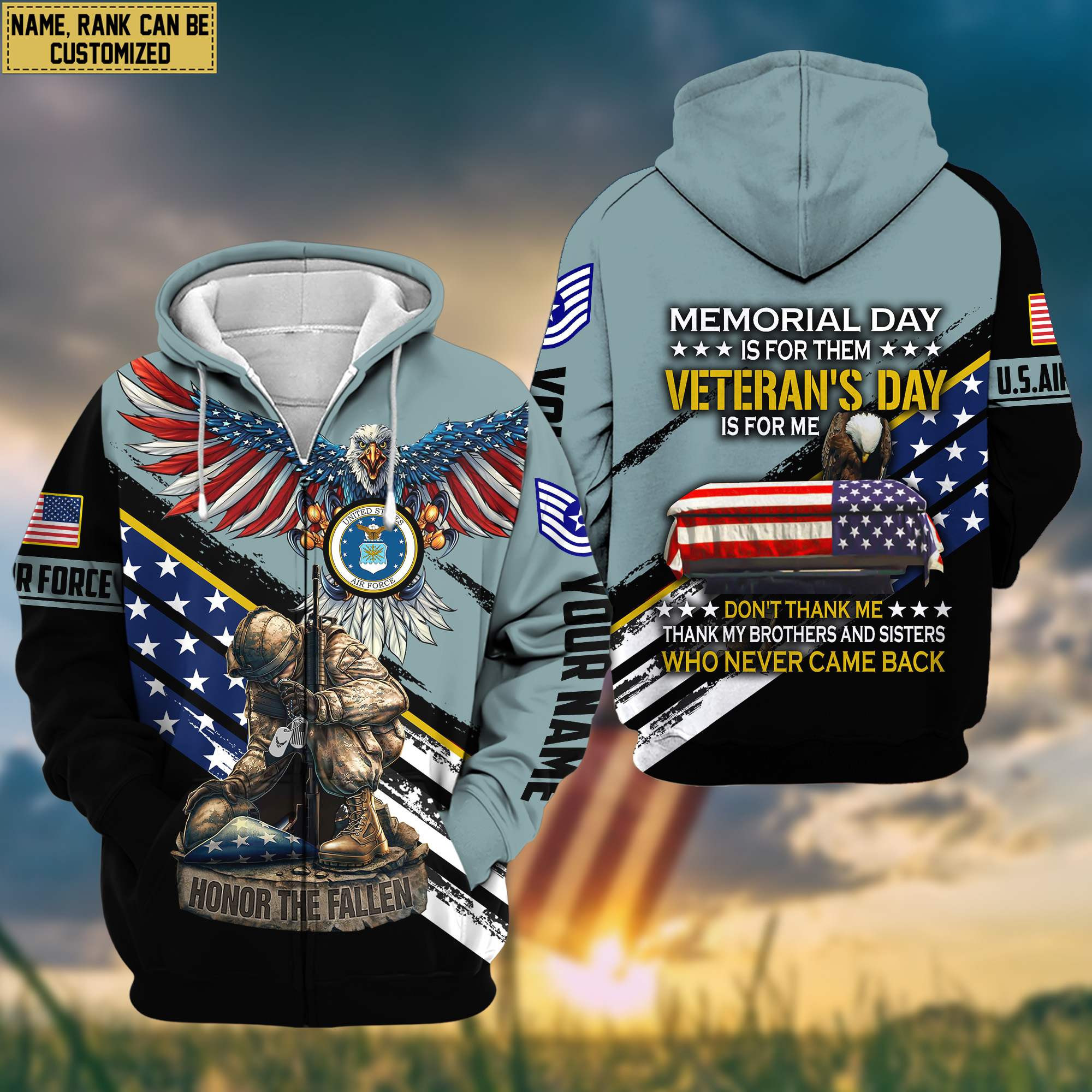 Premium Custom Name, Rank USAF Veteran Zip Up Hoodie, Gifts For Air Force Veteran, Gifts For Dad, For Husband VPVC601104